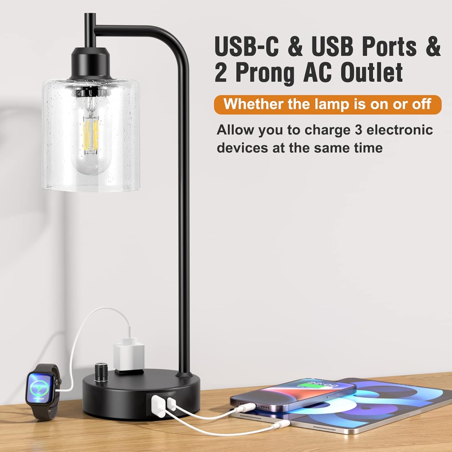 Set of 2 Industrial Table Lamps - Fully Dimmable with USB A & C Ports, AC Outlet, Glass Shade, LED Bulbs Included - Modern Nightstand Desk Lamps for Bedroom, Living Room & Office FJORD