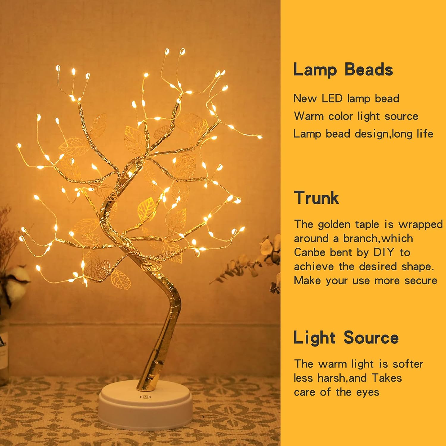 Golden Leaf LED Bonsai Tree Light - Warm White, Battery/USB Powered, DIY Adjustable Branches for Room & Holiday Decor, Christmas, New Year, Bedroom & Gift FJORD