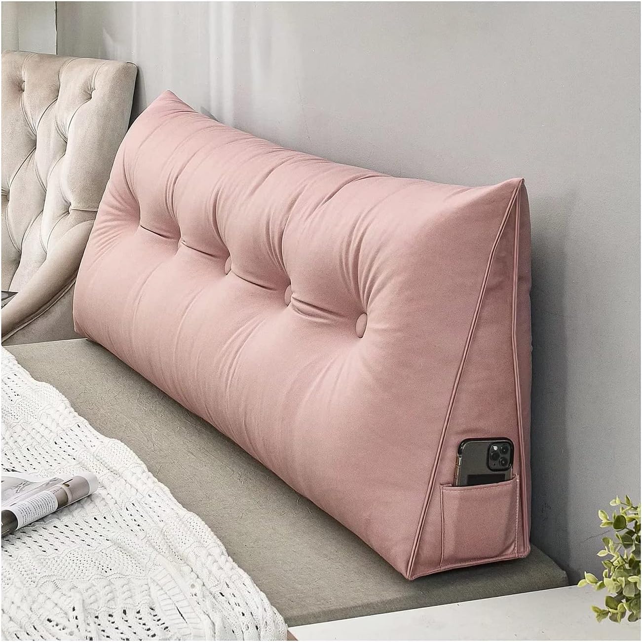 Breathable Triangular Wedge Pillow with Side Pockets - Ergonomic Backrest & Headboard Cushion for Sofa, Bed, or Reading