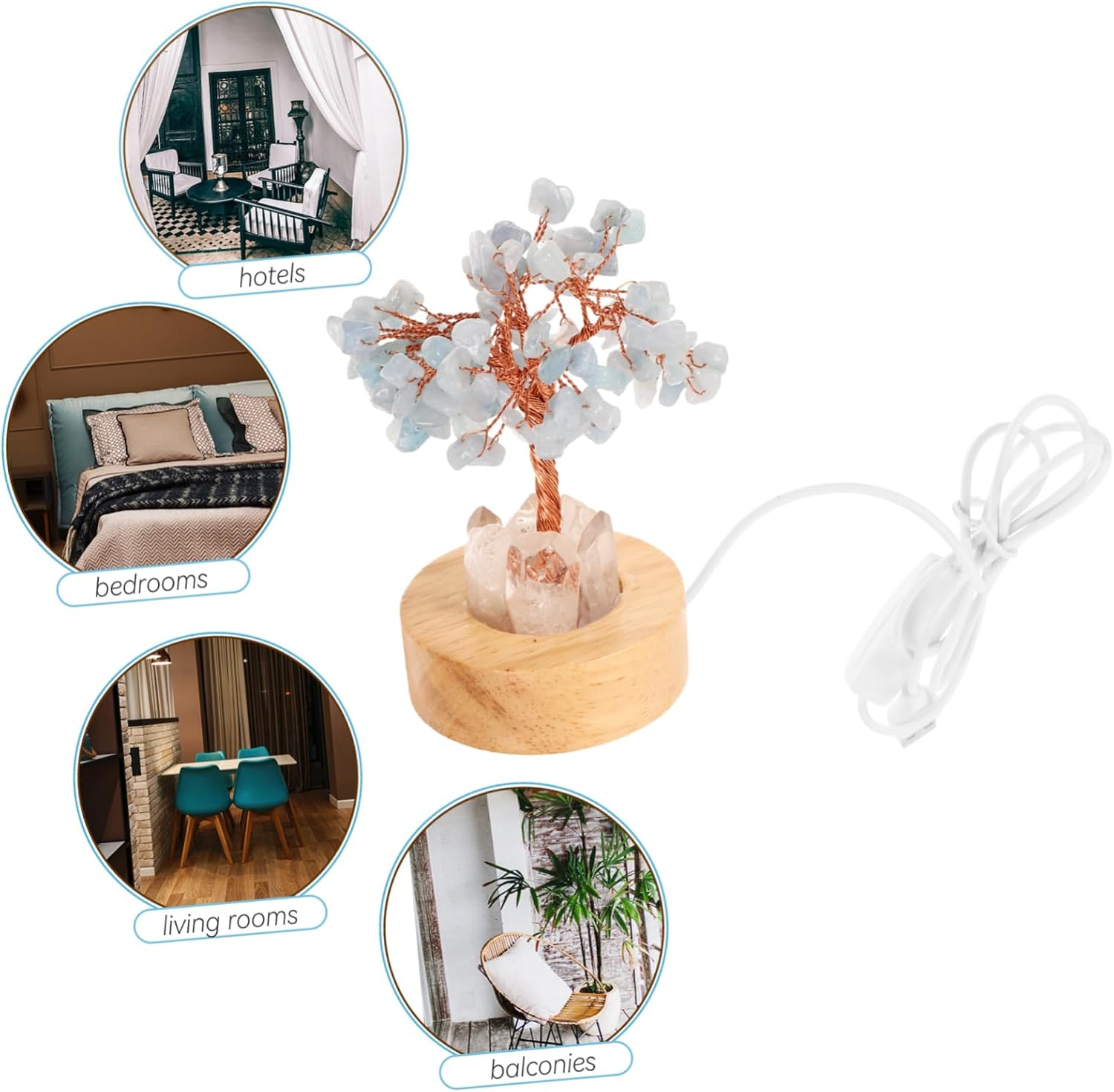 Crystal Tree Night Light – Feng Shui Prosperity Lamp with USB Port, Natural Gemstone Base, Clear Quartz Chakra Tree, Bedroom & Desk Decor FJORD