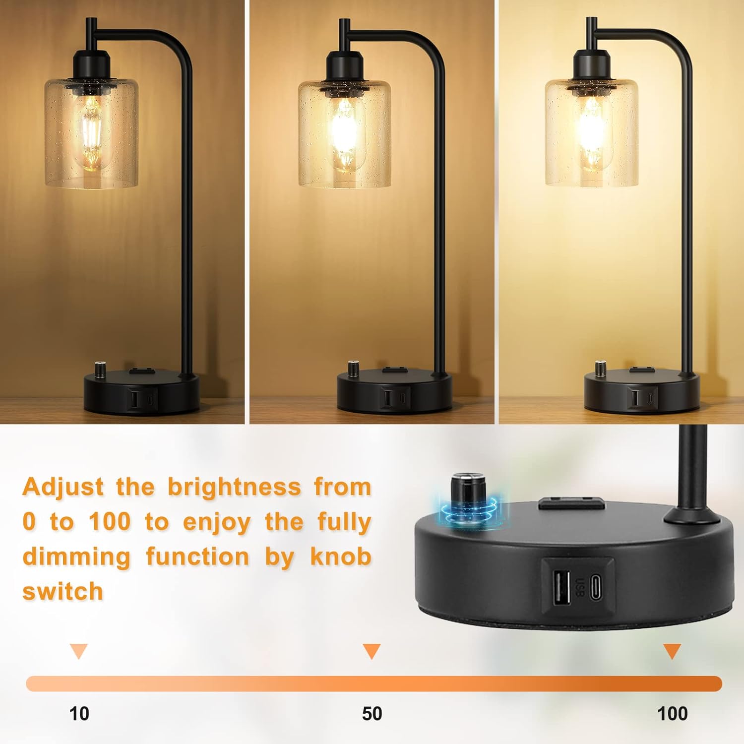 Set of 2 Industrial Table Lamps - Fully Dimmable with USB A & C Ports, AC Outlet, Glass Shade, LED Bulbs Included - Modern Nightstand Desk Lamps for Bedroom, Living Room & Office FJORD