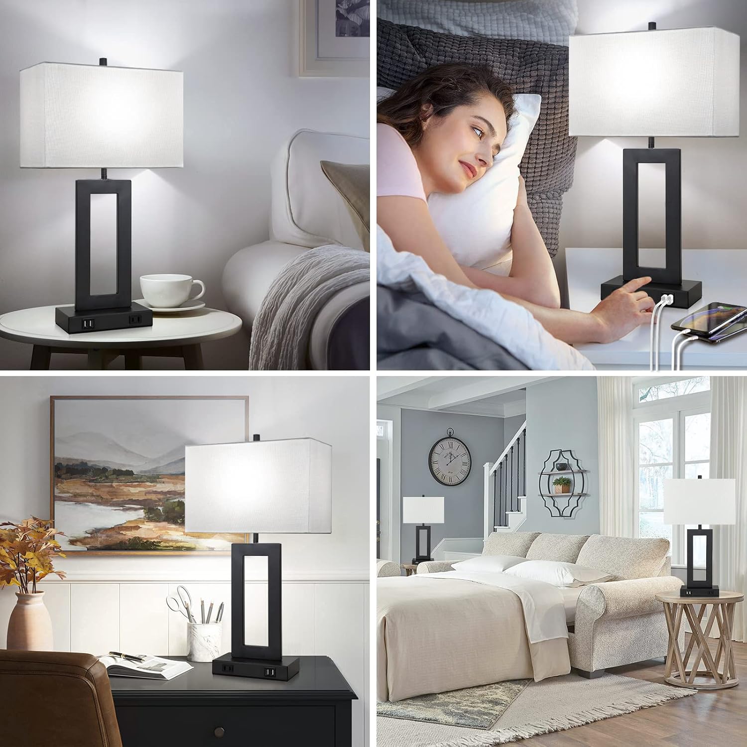 Set of 2 Touch Control Table Lamps with USB Ports – 3-Way Dimmable Bedside Lamps, Modern Nightstand Lamps for Bedroom & Living Room, Cream Fabric Shades, LED Bulbs Included FJORD