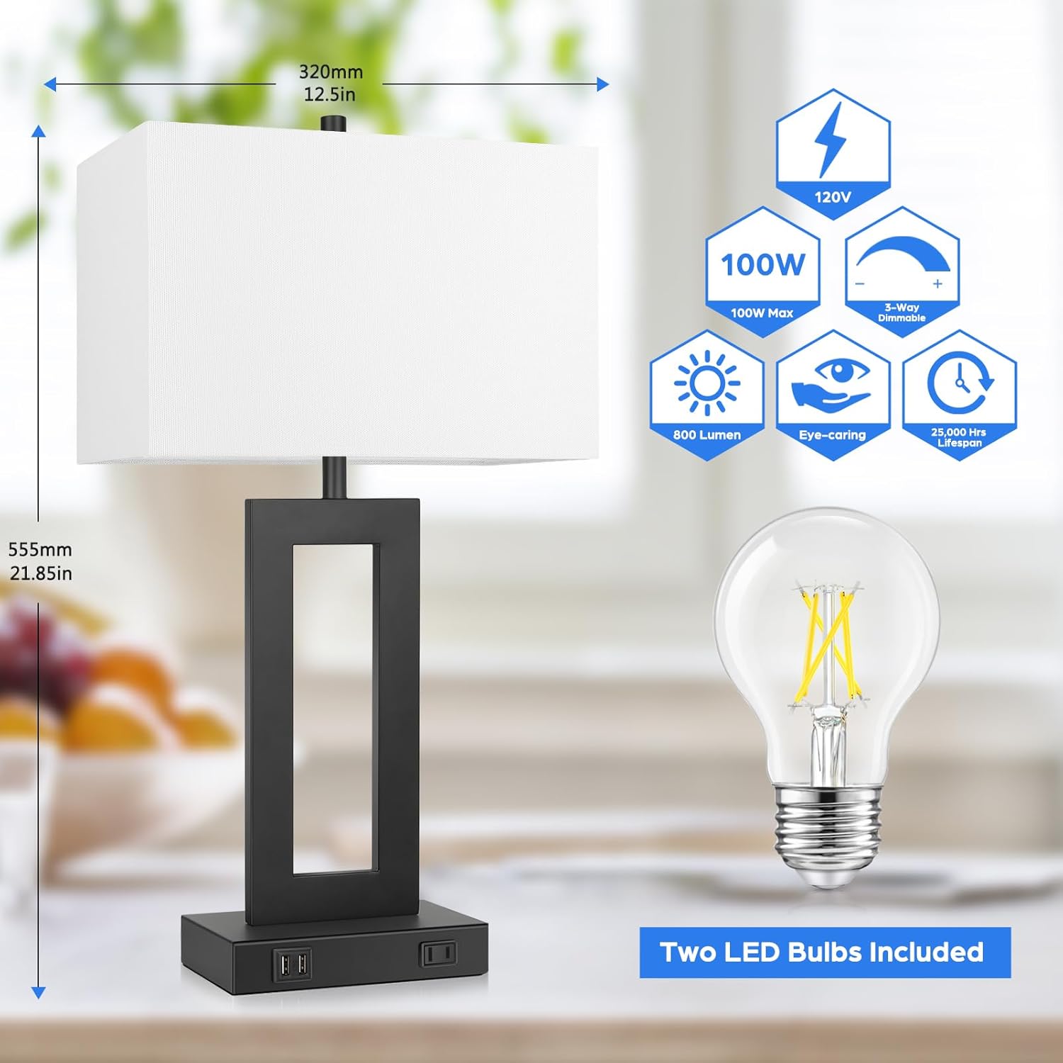 Set of 2 Touch Control Table Lamps with USB Ports – 3-Way Dimmable Bedside Lamps, Modern Nightstand Lamps for Bedroom & Living Room, Cream Fabric Shades, LED Bulbs Included FJORD