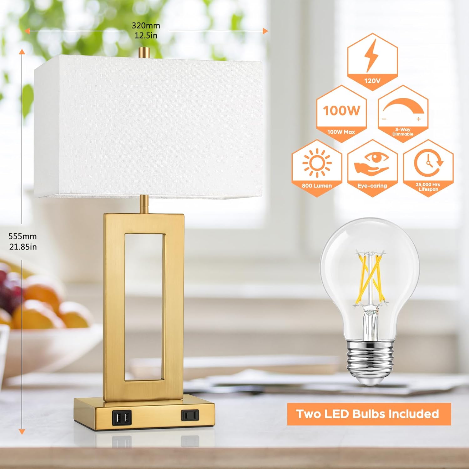 Set of 2 Touch Control Table Lamps with USB Ports – 3-Way Dimmable Bedside Lamps, Modern Nightstand Lamps for Bedroom & Living Room, Cream Fabric Shades, LED Bulbs Included FJORD