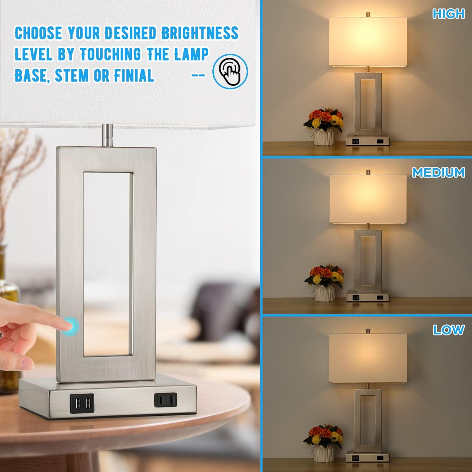 Set of 2 Touch Control Table Lamps with USB Ports – 3-Way Dimmable Bedside Lamps, Modern Nightstand Lamps for Bedroom & Living Room, Cream Fabric Shades, LED Bulbs Included FJORD