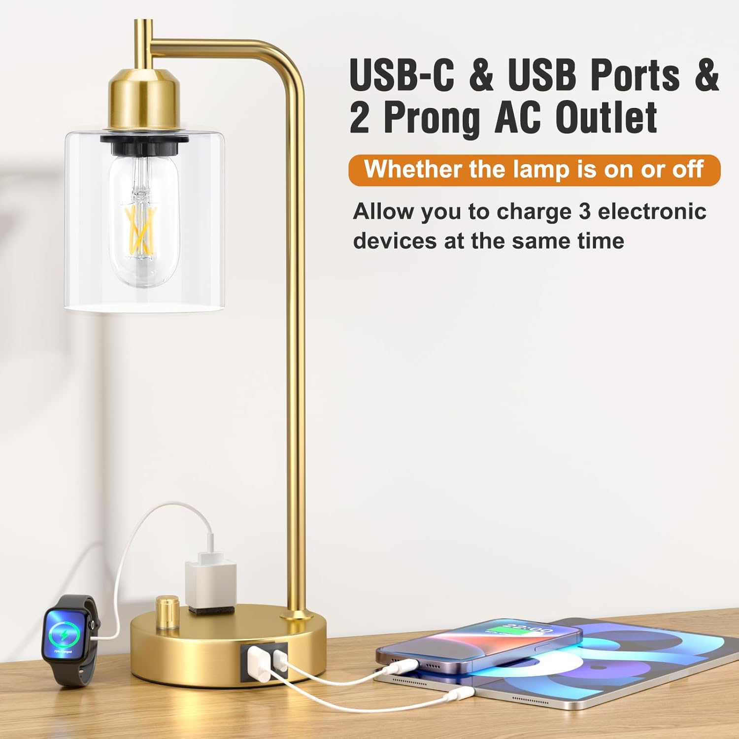 Set of 2 Industrial Table Lamps - Fully Dimmable with USB A & C Ports, AC Outlet, Glass Shade, LED Bulbs Included - Modern Nightstand Desk Lamps for Bedroom, Living Room & Office FJORD
