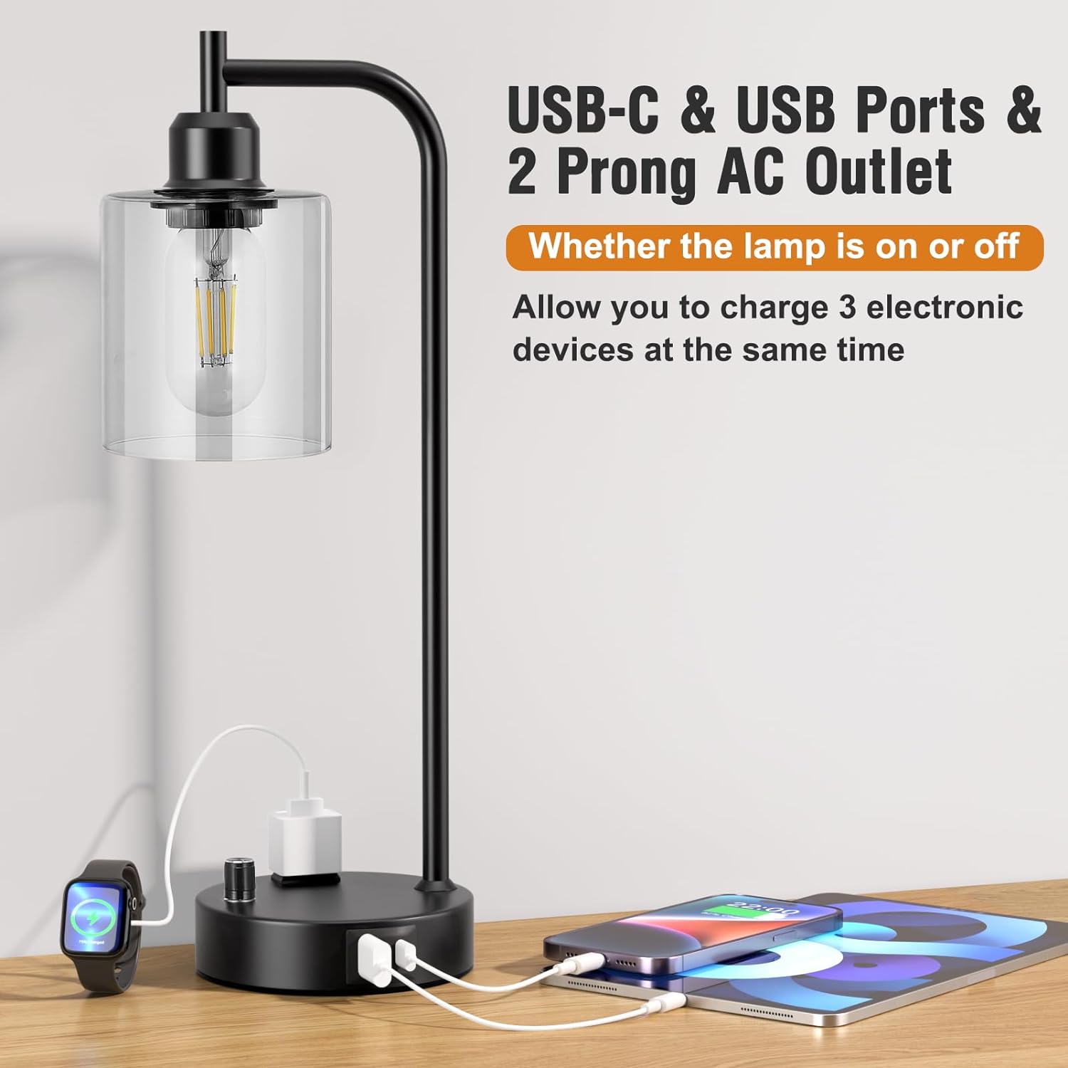 Set of 2 Industrial Table Lamps - Fully Dimmable with USB A & C Ports, AC Outlet, Glass Shade, LED Bulbs Included - Modern Nightstand Desk Lamps for Bedroom, Living Room & Office FJORD