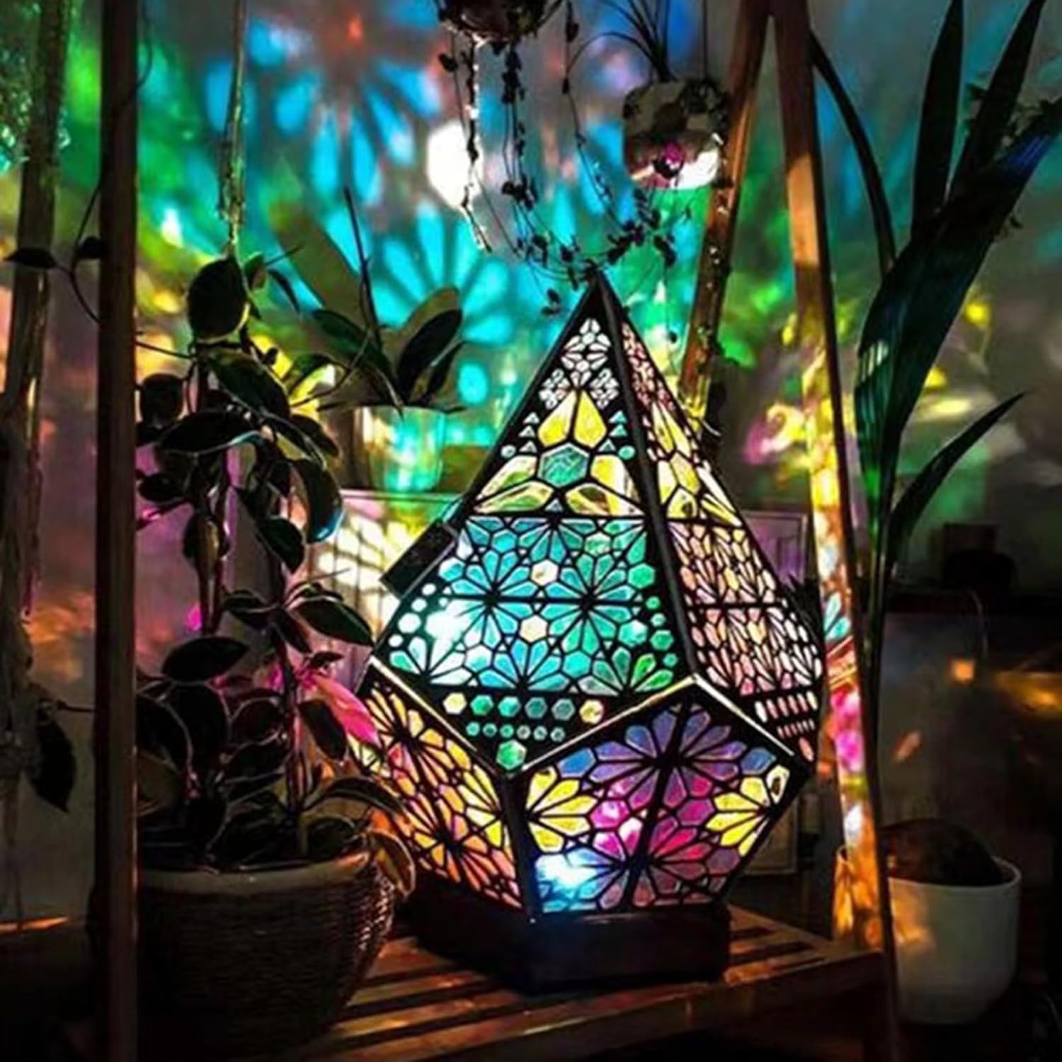 Bohemian Wooden Lamp – LED 3D Projection Light with USB – Colorful Diamond Night Lamp for Home, Bedroom, Kids Room & Decor