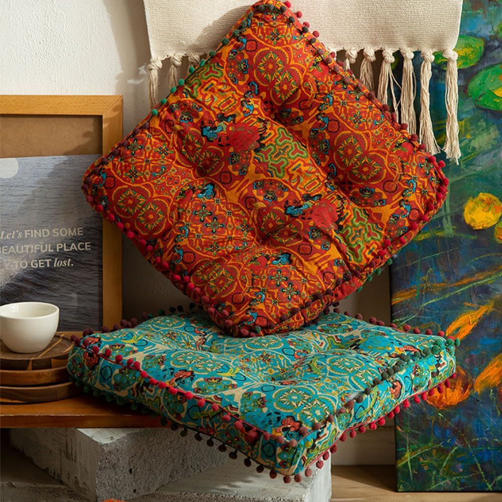 Boho Square Floor Cushion with Pompoms – Thick Polyester Seat Pad, Versatile Chair Cushion for Yoga, Meditation, Living Room, & Garden Seating