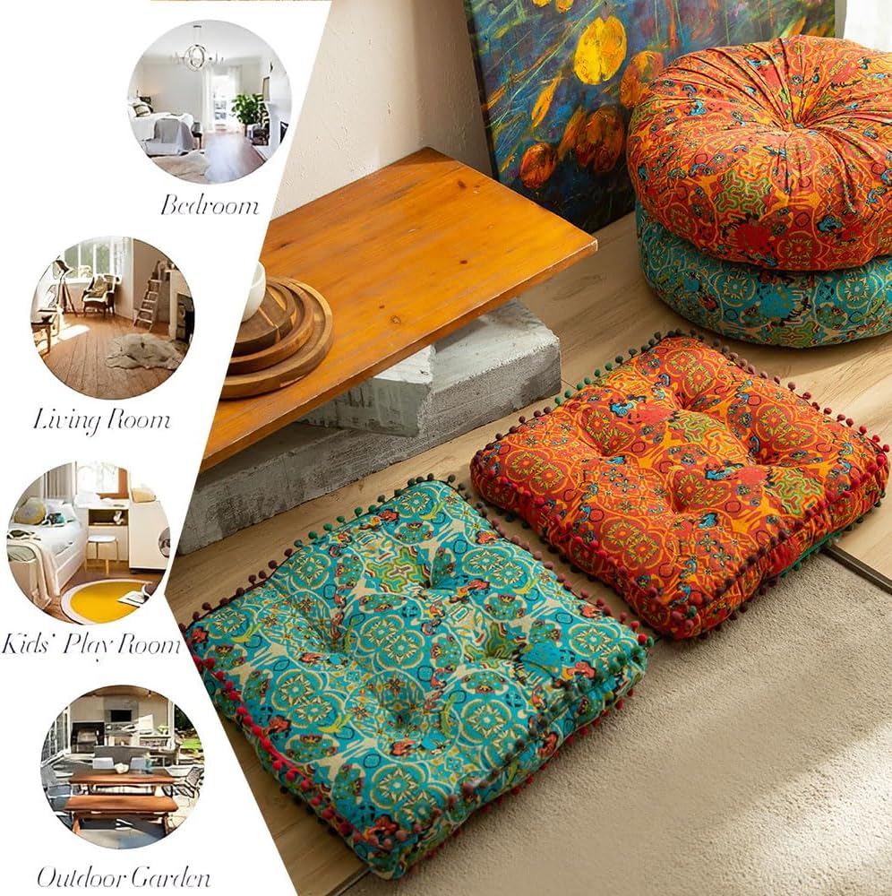 Boho Square Floor Cushion with Pompoms – Thick Polyester Seat Pad, Versatile Chair Cushion for Yoga, Meditation, Living Room, & Garden Seating