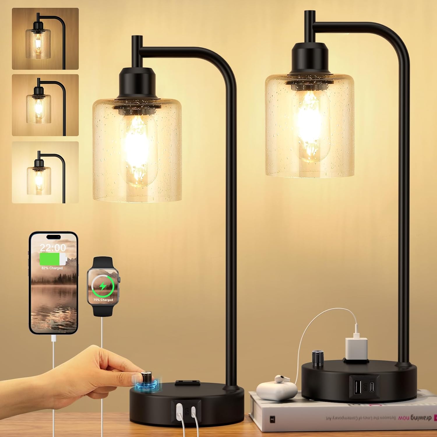 Set of 2 Industrial Table Lamps - Fully Dimmable with USB A & C Ports, AC Outlet, Glass Shade, LED Bulbs Included - Modern Nightstand Desk Lamps for Bedroom, Living Room & Office FJORD