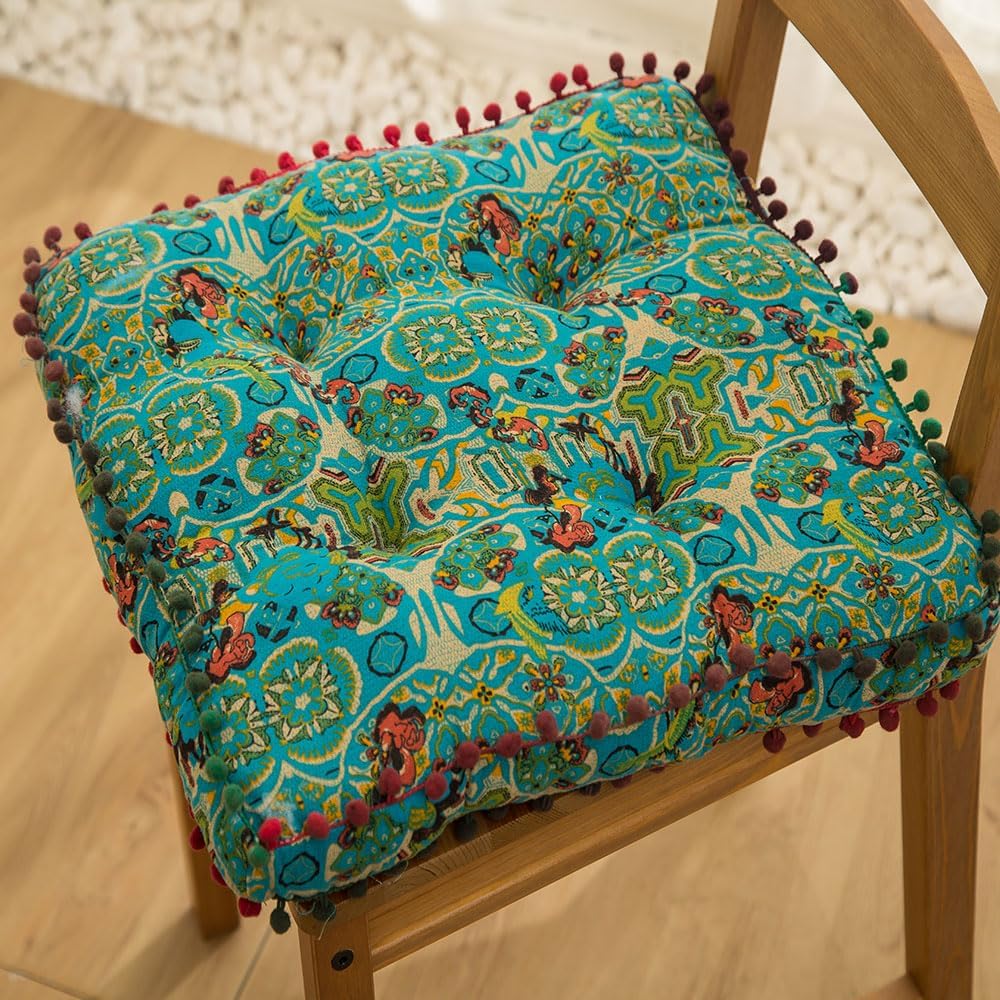 Boho Square Floor Cushion with Pompoms – Thick Polyester Seat Pad, Versatile Chair Cushion for Yoga, Meditation, Living Room, & Garden Seating