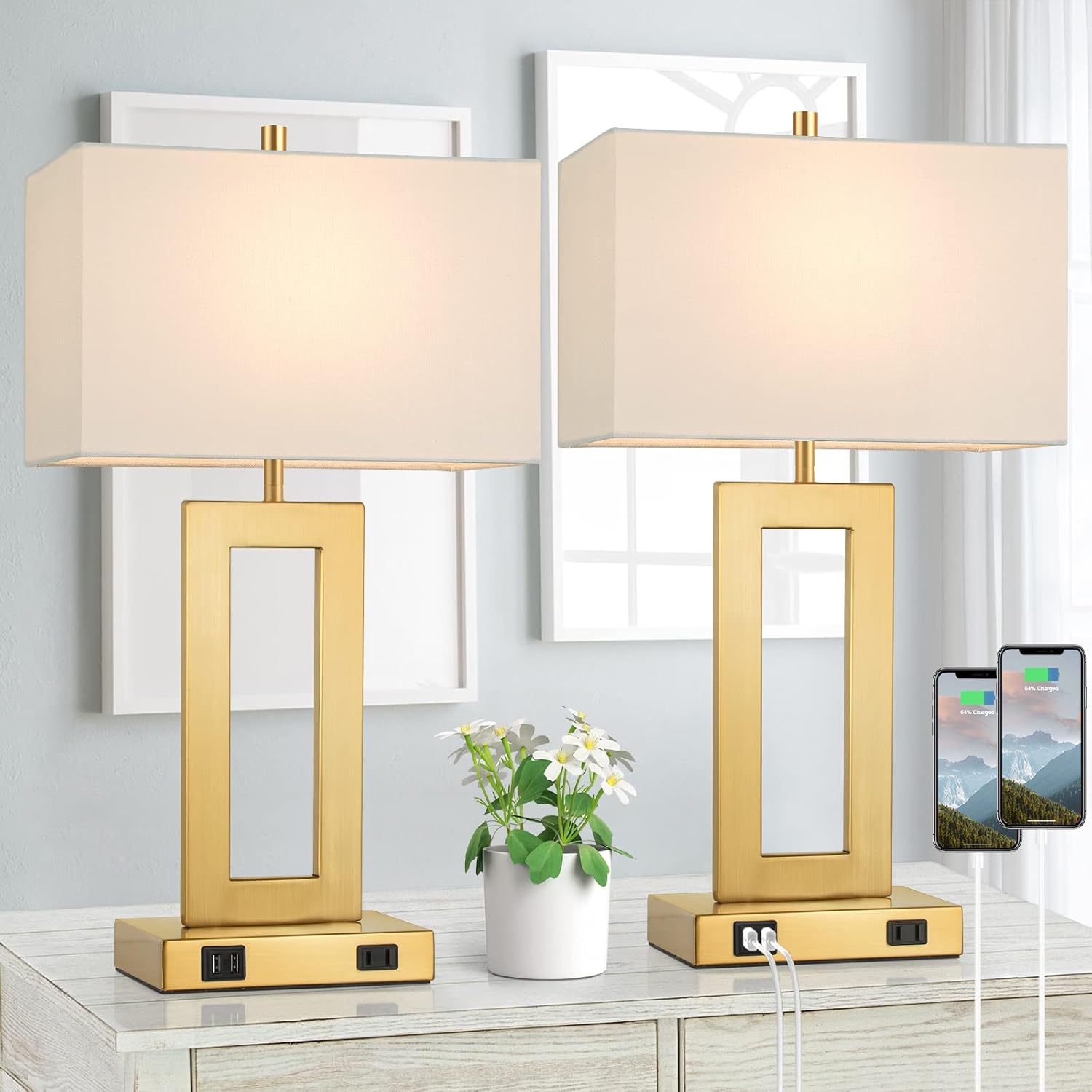 Set of 2 Touch Control Table Lamps with USB Ports – 3-Way Dimmable Bedside Lamps, Modern Nightstand Lamps for Bedroom & Living Room, Cream Fabric Shades, LED Bulbs Included FJORD