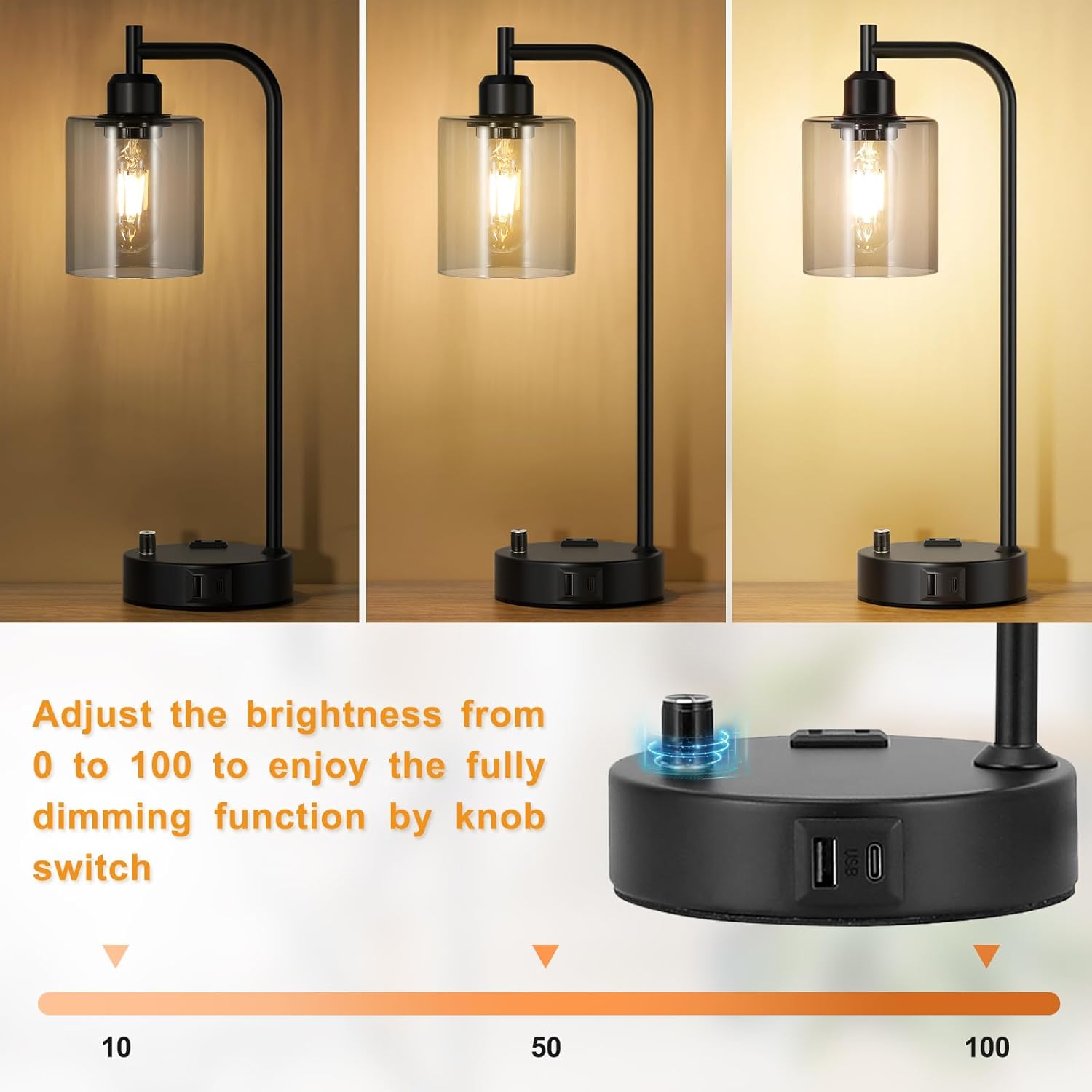 Set of 2 Industrial Table Lamps - Fully Dimmable with USB A & C Ports, AC Outlet, Glass Shade, LED Bulbs Included - Modern Nightstand Desk Lamps for Bedroom, Living Room & Office FJORD