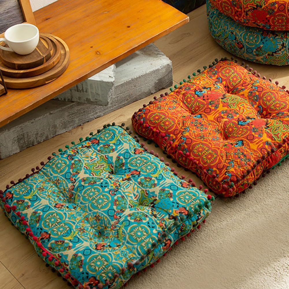 Boho Square Floor Cushion with Pompoms – Thick Polyester Seat Pad, Versatile Chair Cushion for Yoga, Meditation, Living Room, & Garden Seating