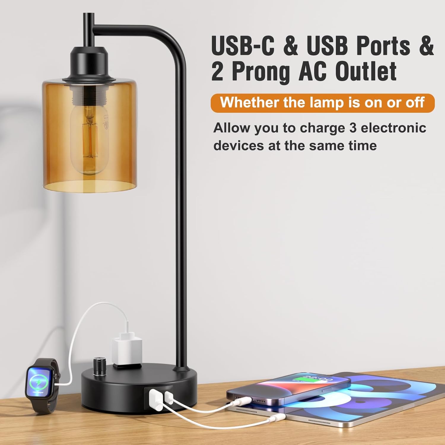 Set of 2 Industrial Table Lamps - Fully Dimmable with USB A & C Ports, AC Outlet, Glass Shade, LED Bulbs Included - Modern Nightstand Desk Lamps for Bedroom, Living Room & Office FJORD
