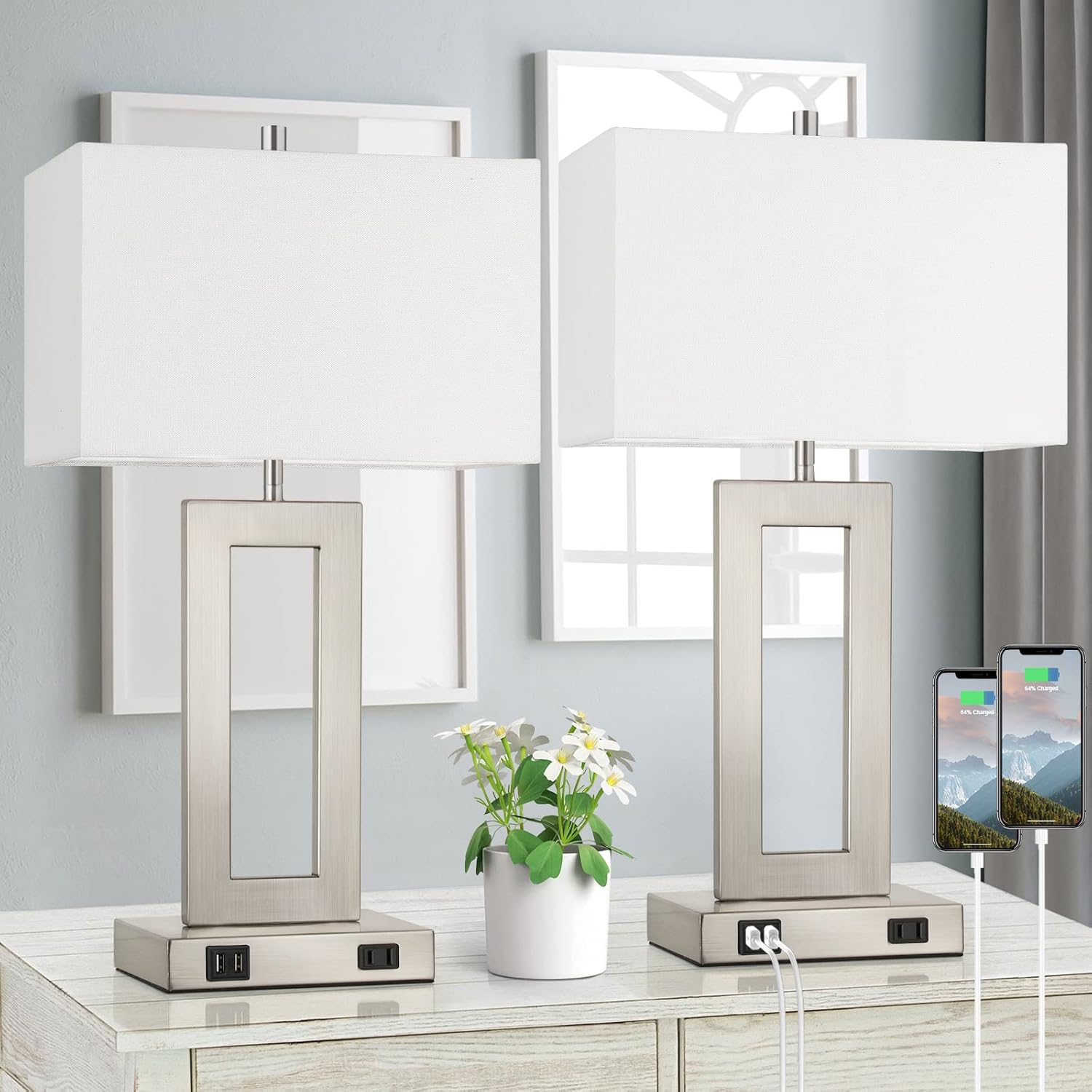 Set of 2 Touch Control Table Lamps with USB Ports – 3-Way Dimmable Bedside Lamps, Modern Nightstand Lamps for Bedroom & Living Room, Cream Fabric Shades, LED Bulbs Included FJORD