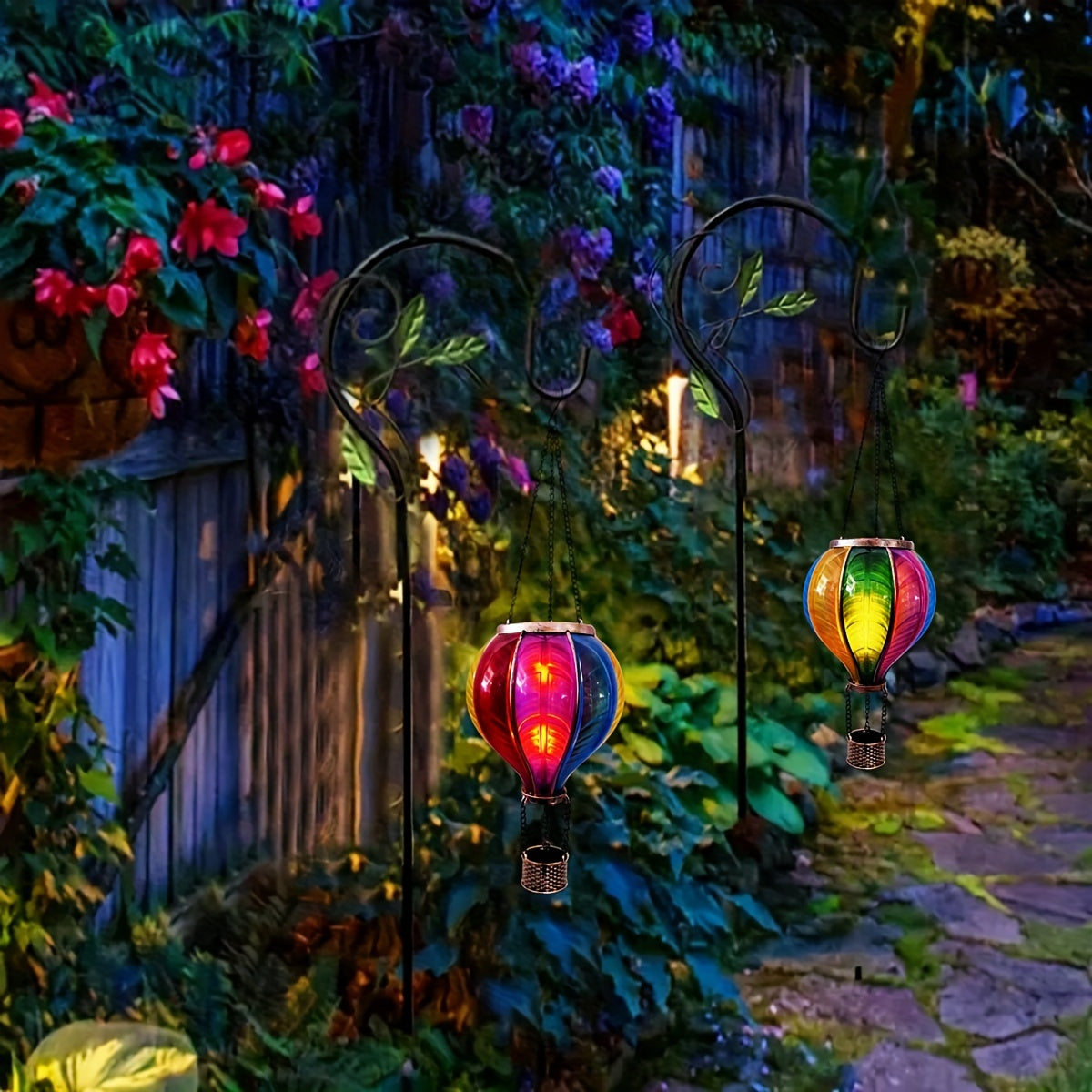 2PC Solar Hot Air Balloon Lanterns with Flickering Flame & Shepherd Hooks – Colorful Outdoor LED Lights for Garden, Patio, Porch, Yard Decor – Weatherproof & Energy-Saving