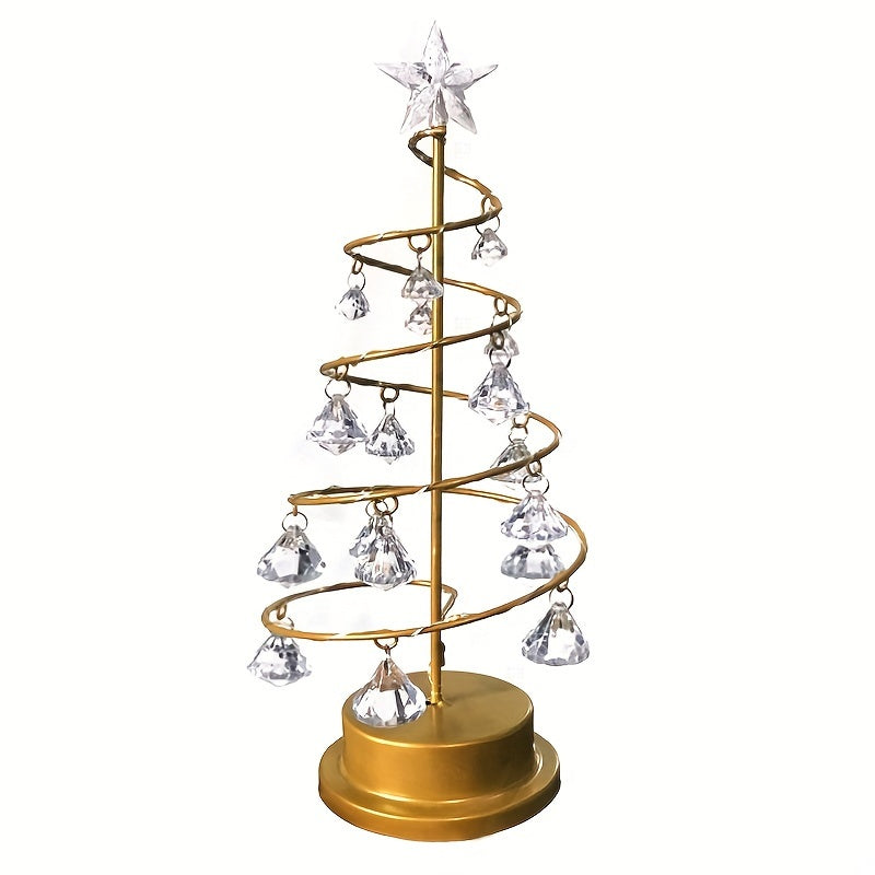 Adjustable LED Christmas Tree Night Light | Metal Design with Crystal Decorations | Modern Tabletop Lamp, Battery-Powered, Dimmable Switch