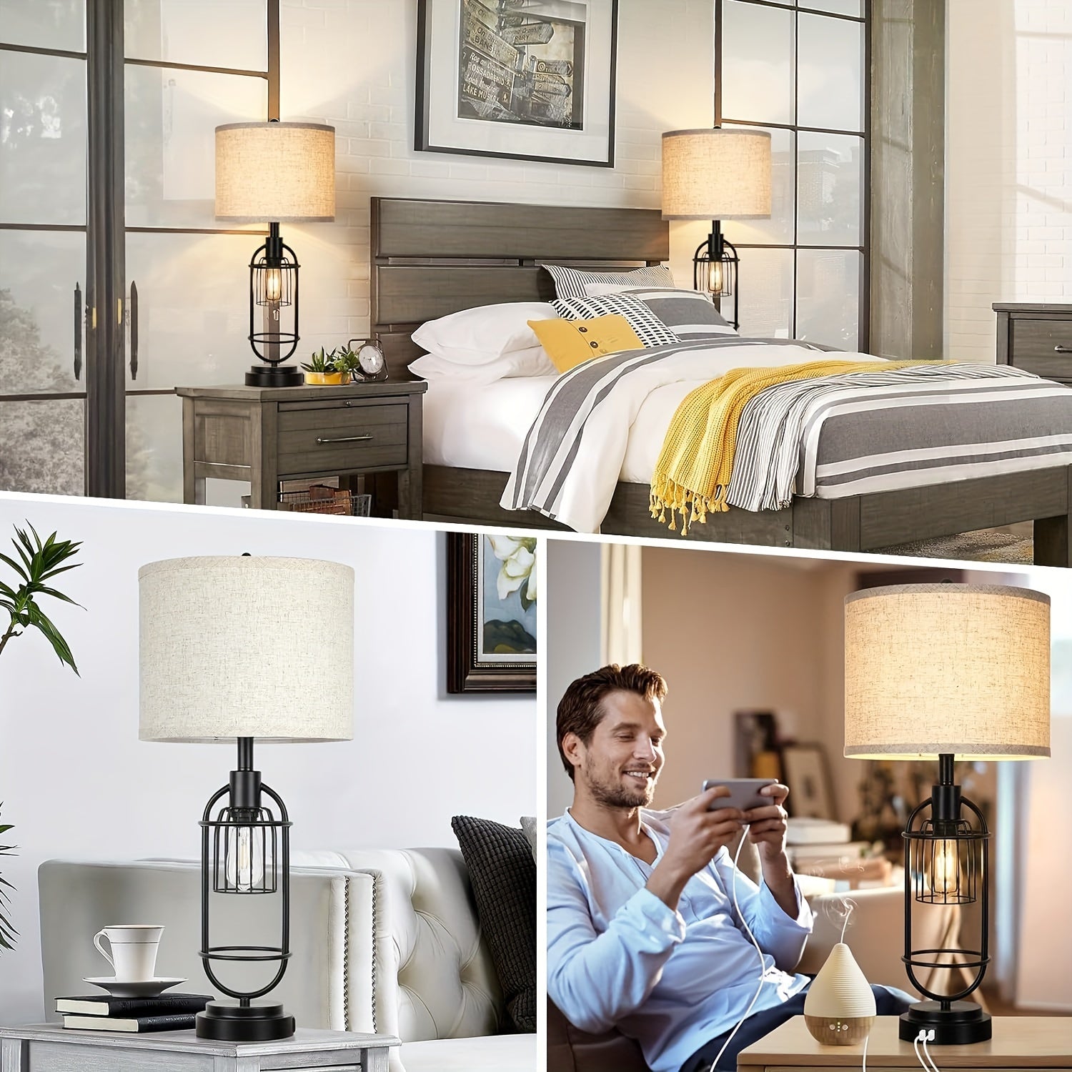 Set of 2 Farmhouse Table Lamps with USB Ports, 29" Tall Nightstand Desk Lamps, Cream Fabric Shade, Industrial E26 Base, Rotary Switch for Bedroom Living Room FJORD