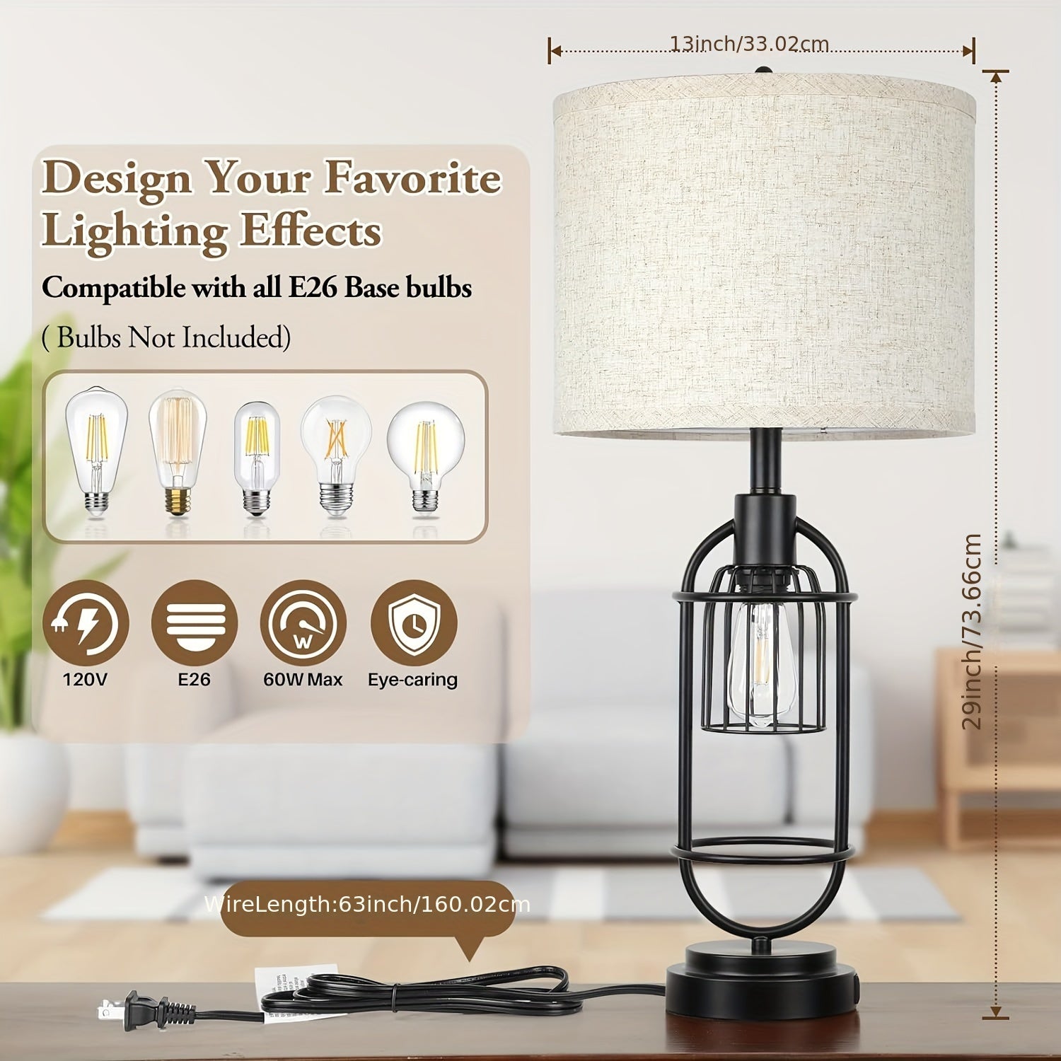 Set of 2 Farmhouse Table Lamps with USB Ports, 29" Tall Nightstand Desk Lamps, Cream Fabric Shade, Industrial E26 Base, Rotary Switch for Bedroom Living Room FJORD