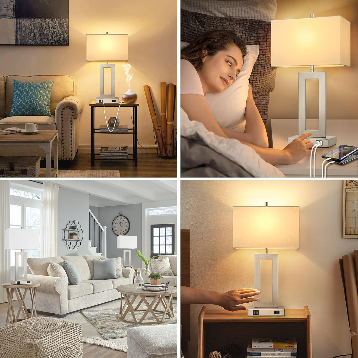 Set of 2 Touch Control Table Lamps with USB Ports – 3-Way Dimmable Bedside Lamps, Modern Nightstand Lamps for Bedroom & Living Room, Cream Fabric Shades, LED Bulbs Included FJORD