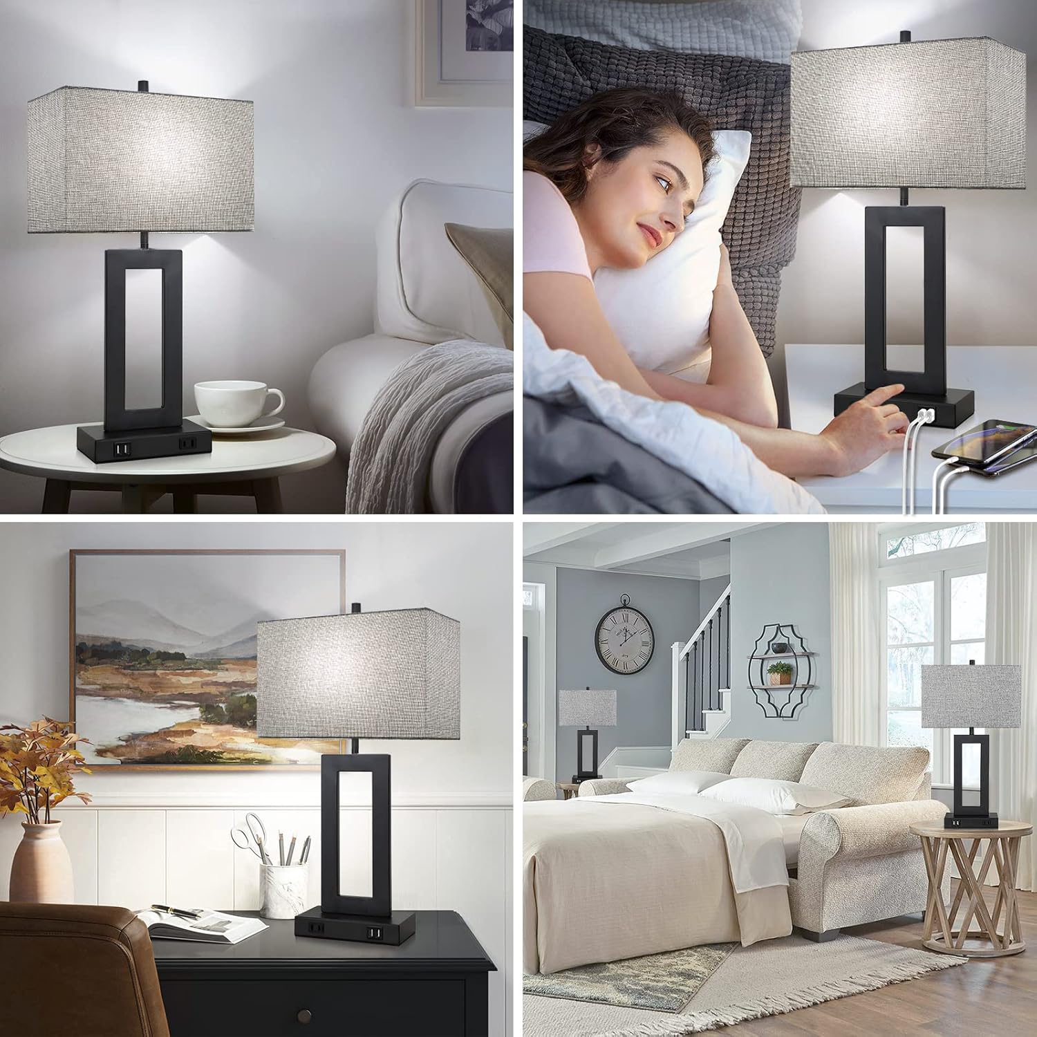 Set of 2 Touch Control Table Lamps with USB Ports – 3-Way Dimmable Bedside Lamps, Modern Nightstand Lamps for Bedroom & Living Room, Cream Fabric Shades, LED Bulbs Included FJORD