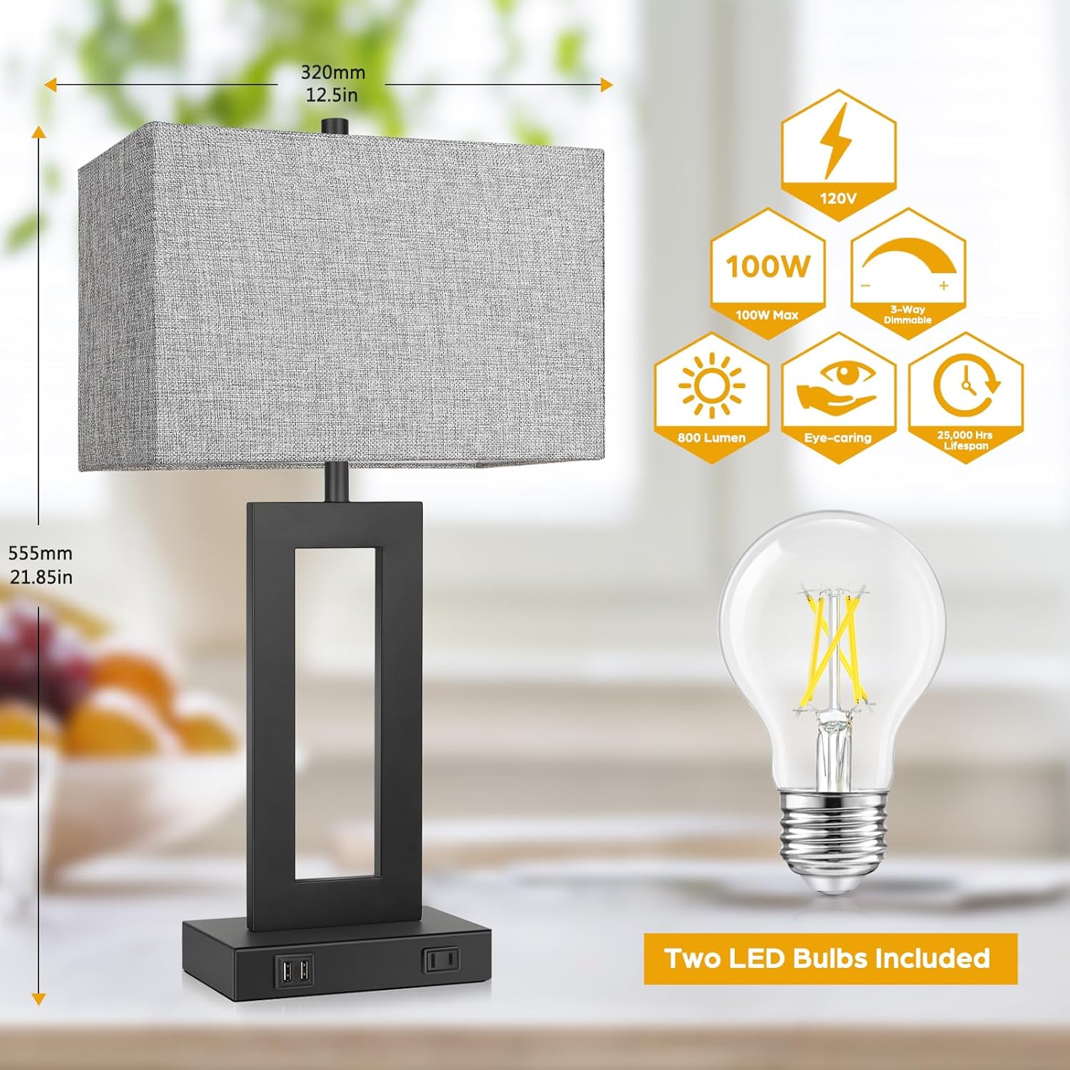 Set of 2 Touch Control Table Lamps with USB Ports – 3-Way Dimmable Bedside Lamps, Modern Nightstand Lamps for Bedroom & Living Room, Cream Fabric Shades, LED Bulbs Included FJORD
