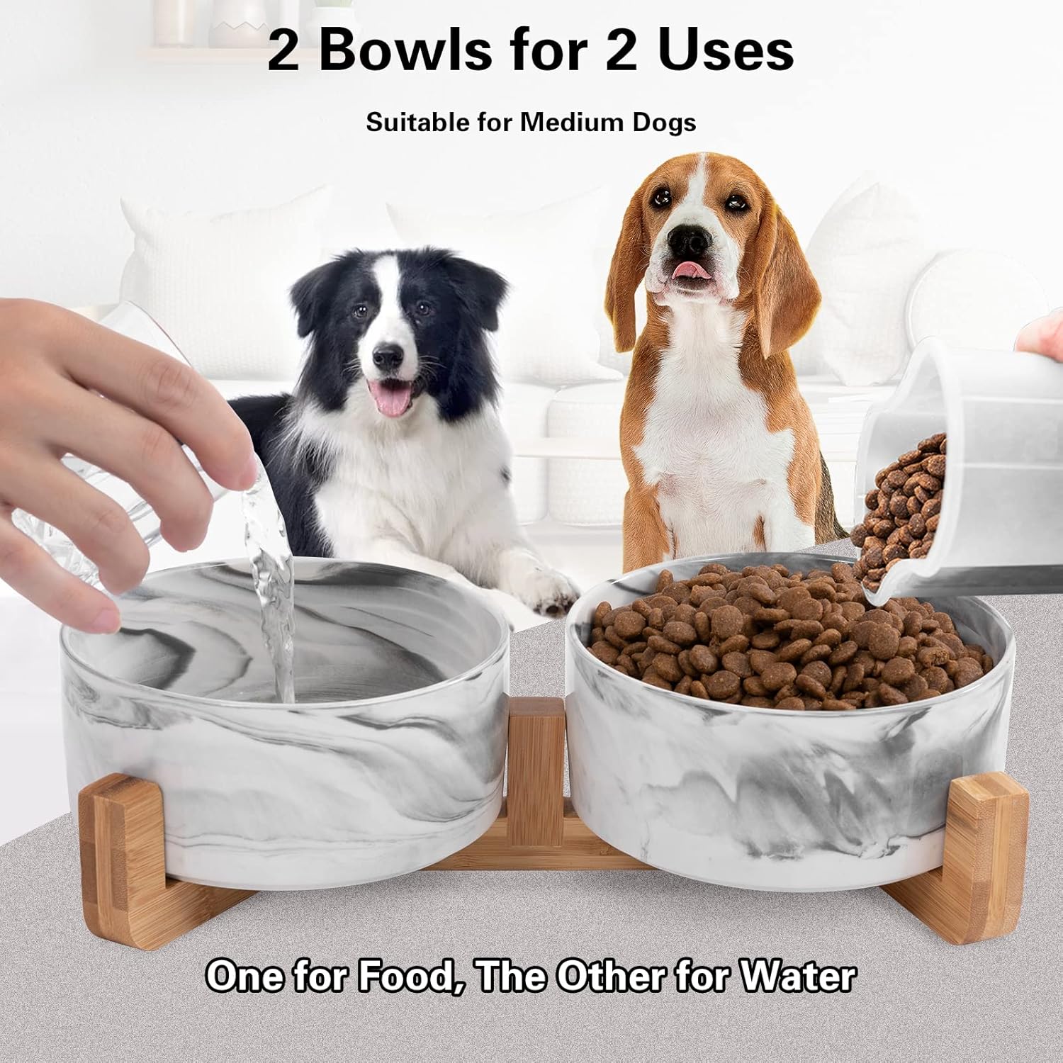 Ceramic Dog Bowls with Wooden Stand | 3 1/2 Cups | Set of 2 FJORD