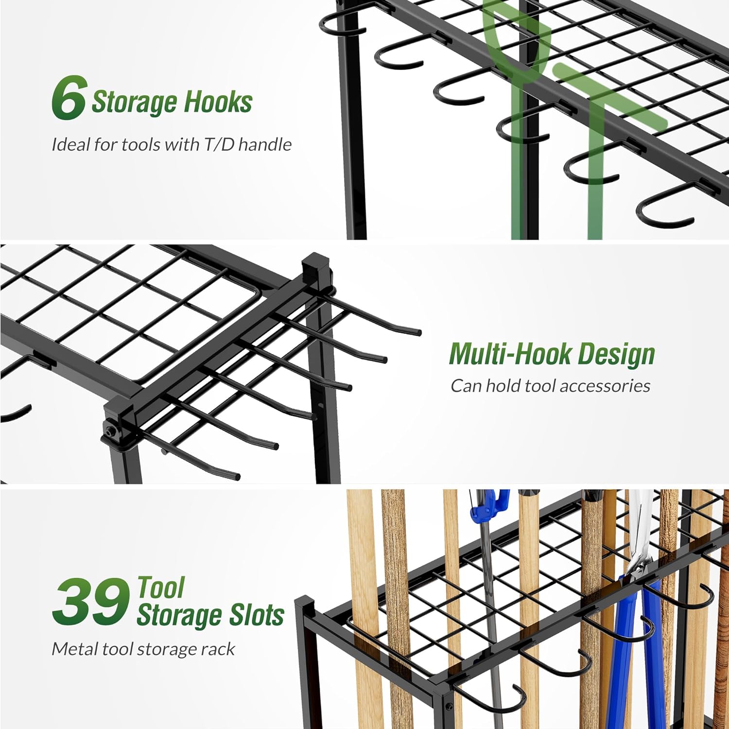 Heavy Duty Mop and Broom Holder, Wall Mount Tool Rack with 4 Racks & 5 Hooks, Stainless Steel Storage Organizer for Home, Kitchen, Garage, Laundry, Garden FJORD