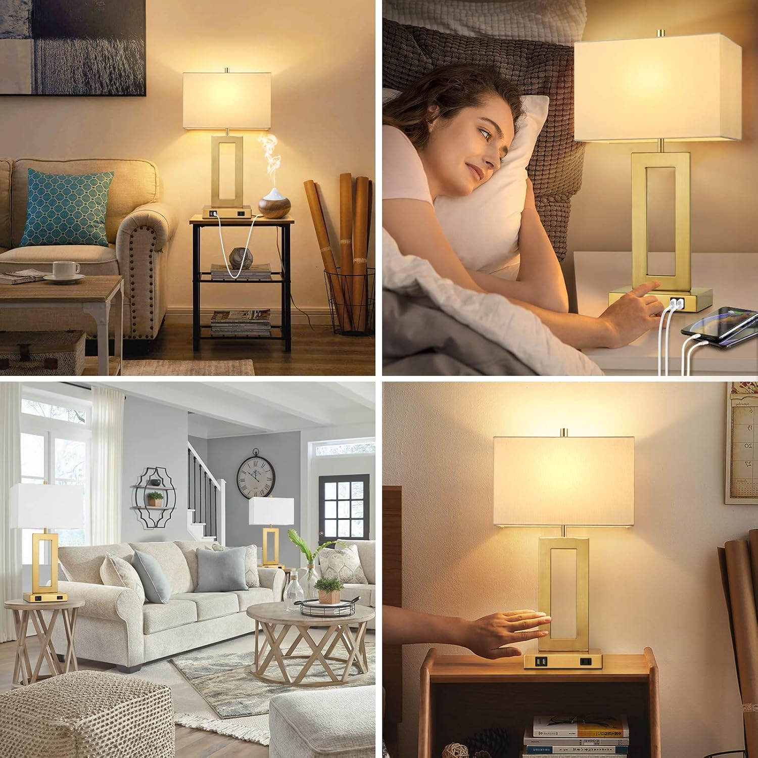 Set of 2 Touch Control Table Lamps with USB Ports – 3-Way Dimmable Bedside Lamps, Modern Nightstand Lamps for Bedroom & Living Room, Cream Fabric Shades, LED Bulbs Included FJORD