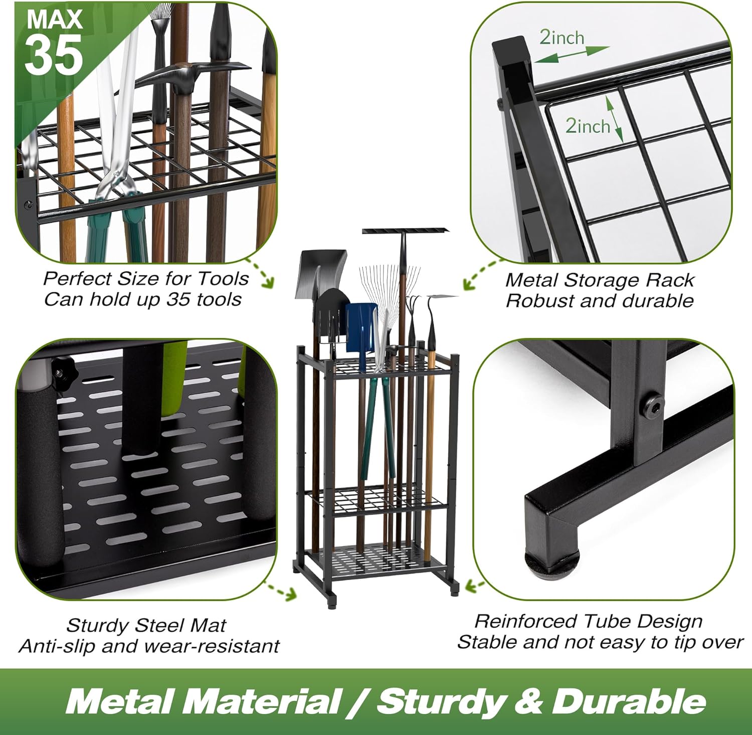 Heavy Duty Mop and Broom Holder, Wall Mount Tool Rack with 4 Racks & 5 Hooks, Stainless Steel Storage Organizer for Home, Kitchen, Garage, Laundry, Garden FJORD
