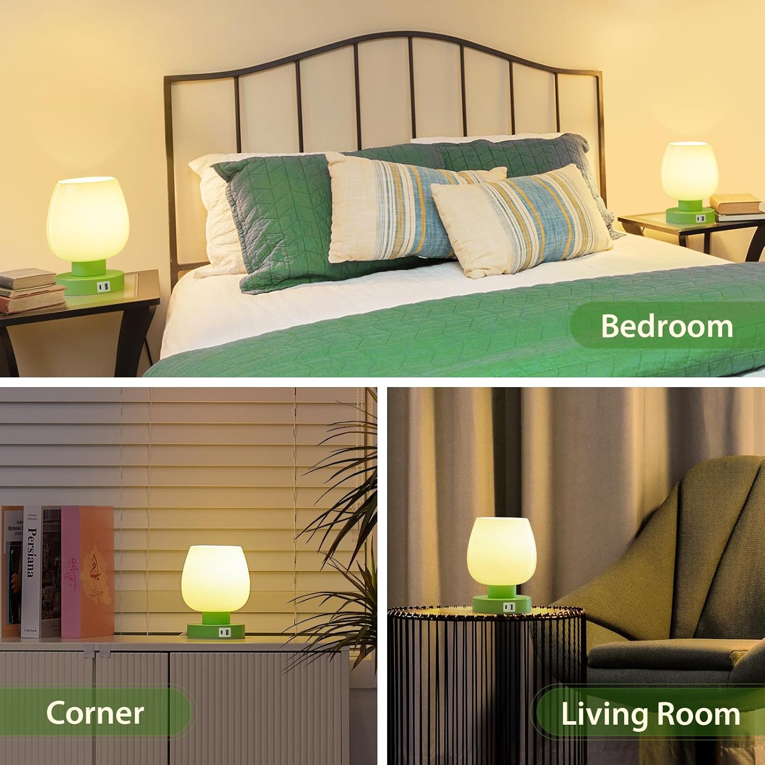 Touch Bedside Table Lamps Set of 2 - Modern Nightstand Lamps with USB C & A Ports, 3-Way Dimmable, White Opal Glass Shades, 3000K LED Bulbs - Elegant Bedroom Lighting FJORD