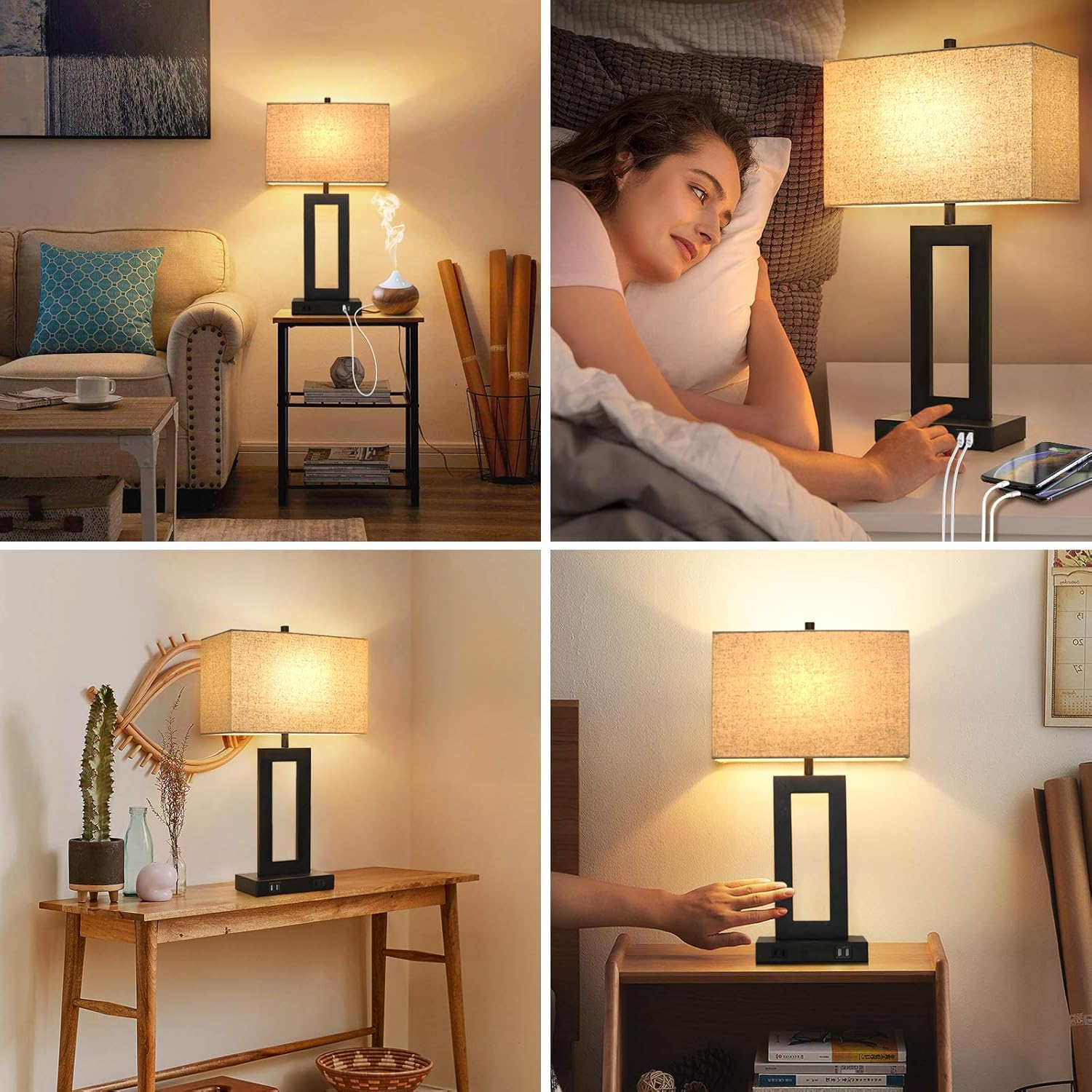 Set of 2 Touch Control Table Lamps with USB Ports – 3-Way Dimmable Bedside Lamps, Modern Nightstand Lamps for Bedroom & Living Room, Cream Fabric Shades, LED Bulbs Included FJORD