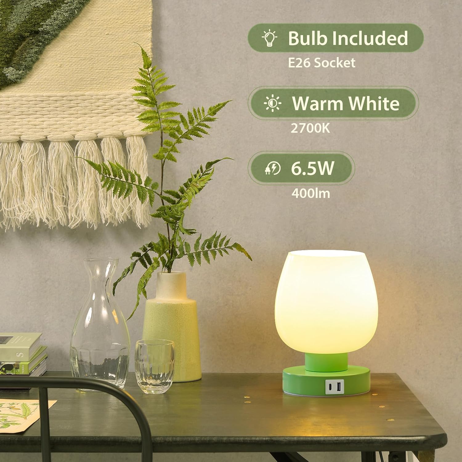 Touch Bedside Table Lamps Set of 2 - Modern Nightstand Lamps with USB C & A Ports, 3-Way Dimmable, White Opal Glass Shades, 3000K LED Bulbs - Elegant Bedroom Lighting FJORD