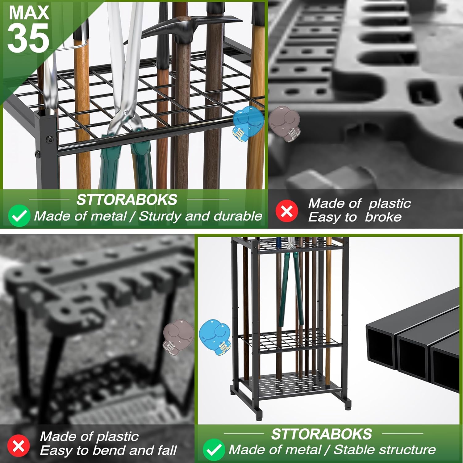 Heavy Duty Mop and Broom Holder, Wall Mount Tool Rack with 4 Racks & 5 Hooks, Stainless Steel Storage Organizer for Home, Kitchen, Garage, Laundry, Garden FJORD