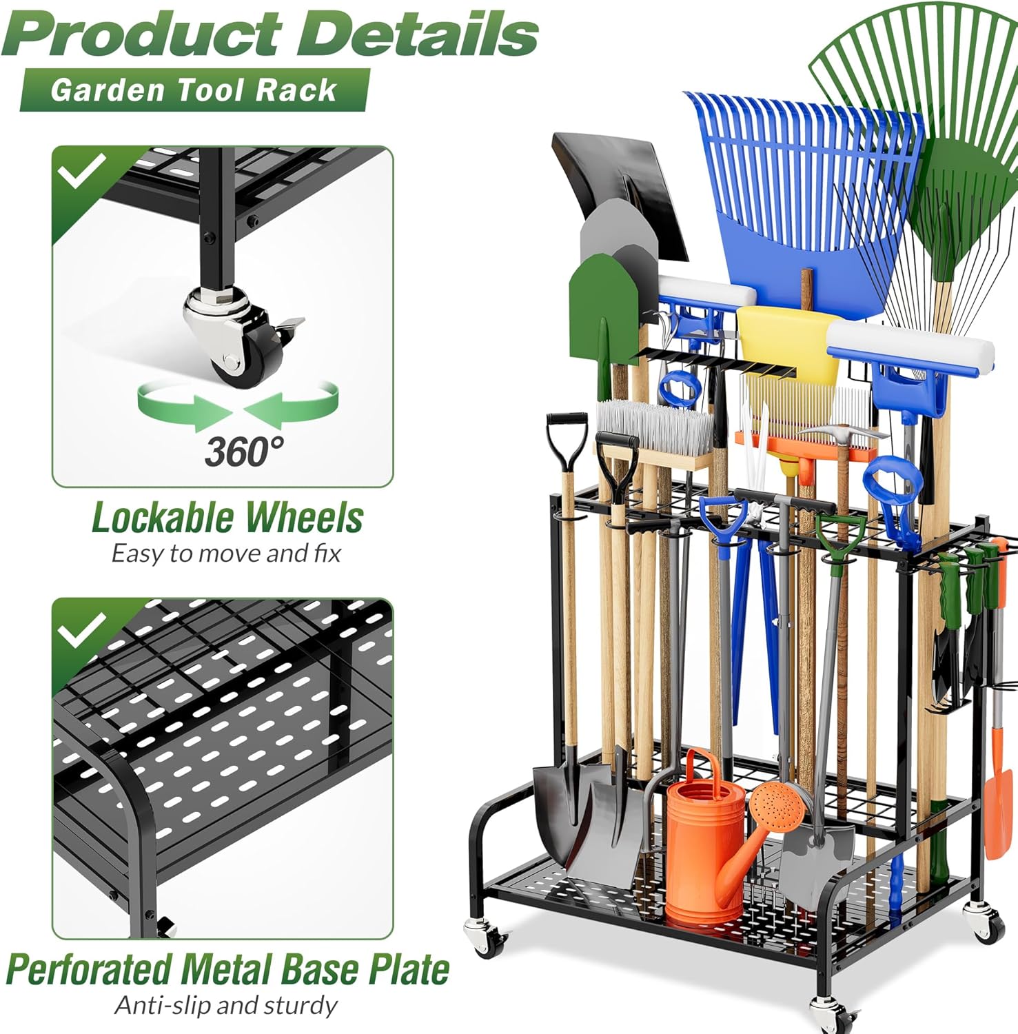 Heavy Duty Mop and Broom Holder, Wall Mount Tool Rack with 4 Racks & 5 Hooks, Stainless Steel Storage Organizer for Home, Kitchen, Garage, Laundry, Garden FJORD