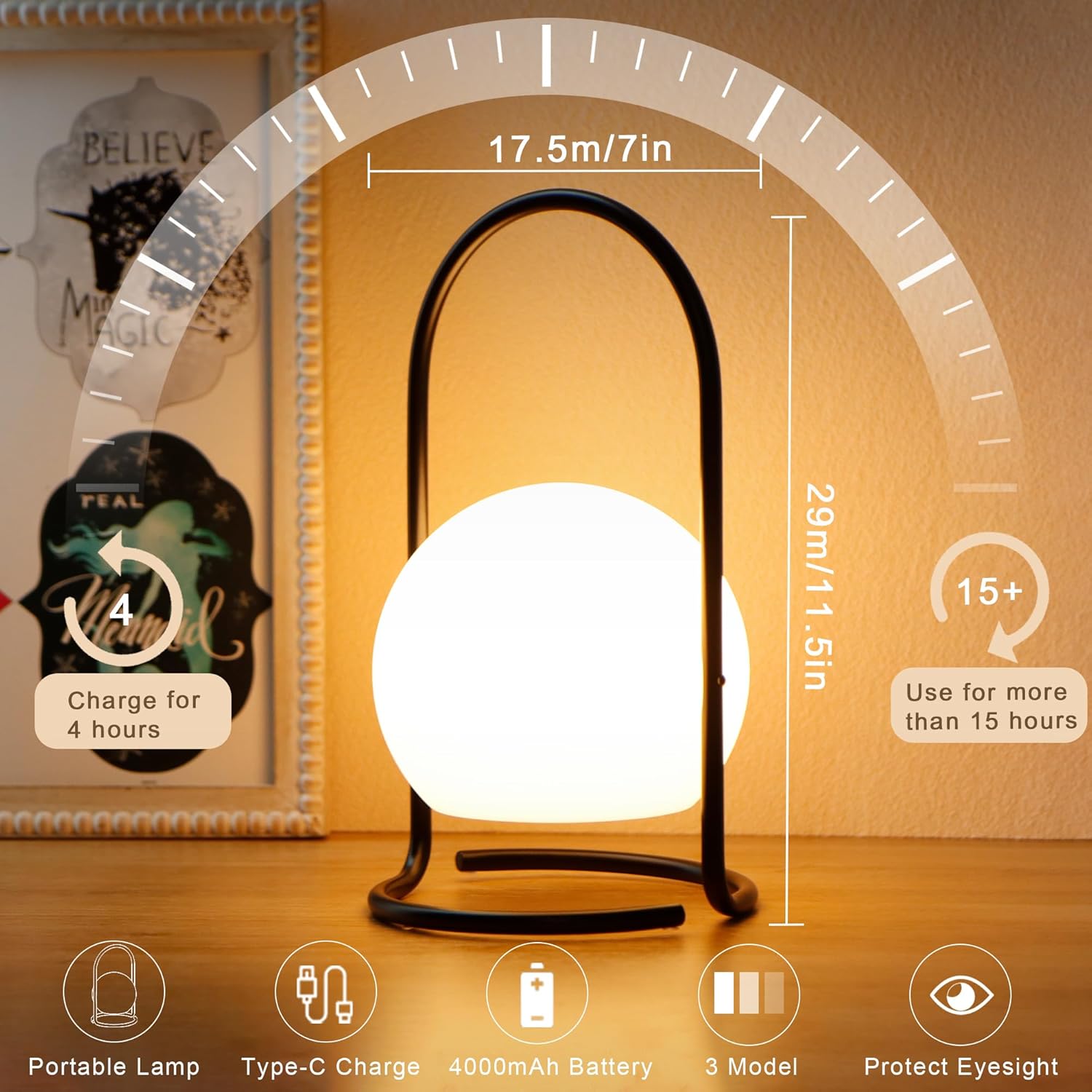Wireless LED Table Lamp – Rechargeable, Dimmable, USB-C Charging FJORD