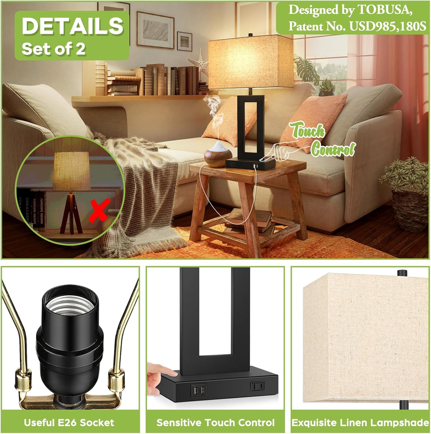 Set of 2 Touch Control Table Lamps with USB Ports – 3-Way Dimmable Bedside Lamps, Modern Nightstand Lamps for Bedroom & Living Room, Cream Fabric Shades, LED Bulbs Included FJORD