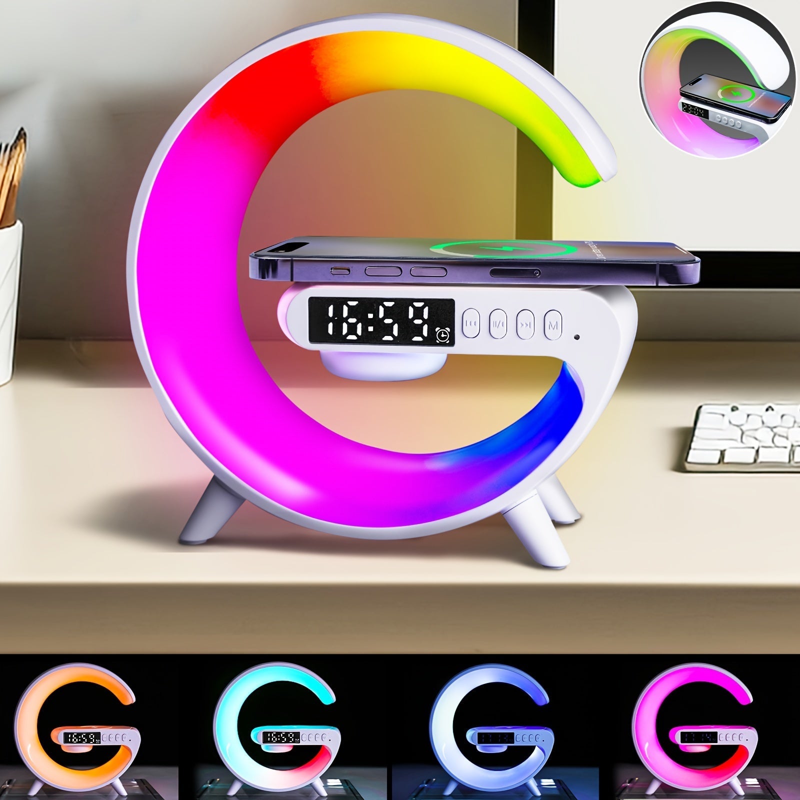 Smart LED Lamp with Wireless Phone Charger | Multifunctional RGB Night Light & Alarm Clock Station FJORD