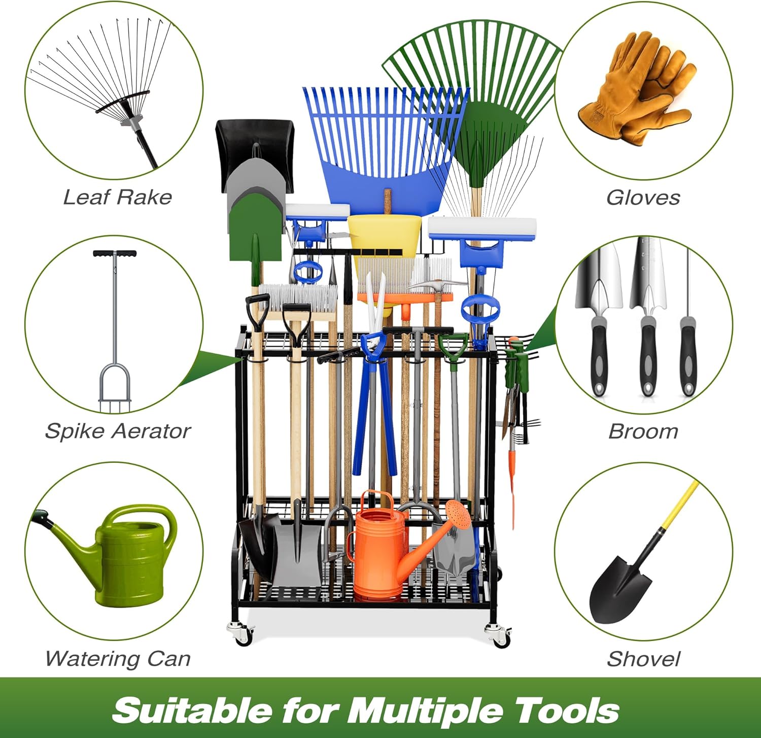 Heavy Duty Mop and Broom Holder, Wall Mount Tool Rack with 4 Racks & 5 Hooks, Stainless Steel Storage Organizer for Home, Kitchen, Garage, Laundry, Garden FJORD
