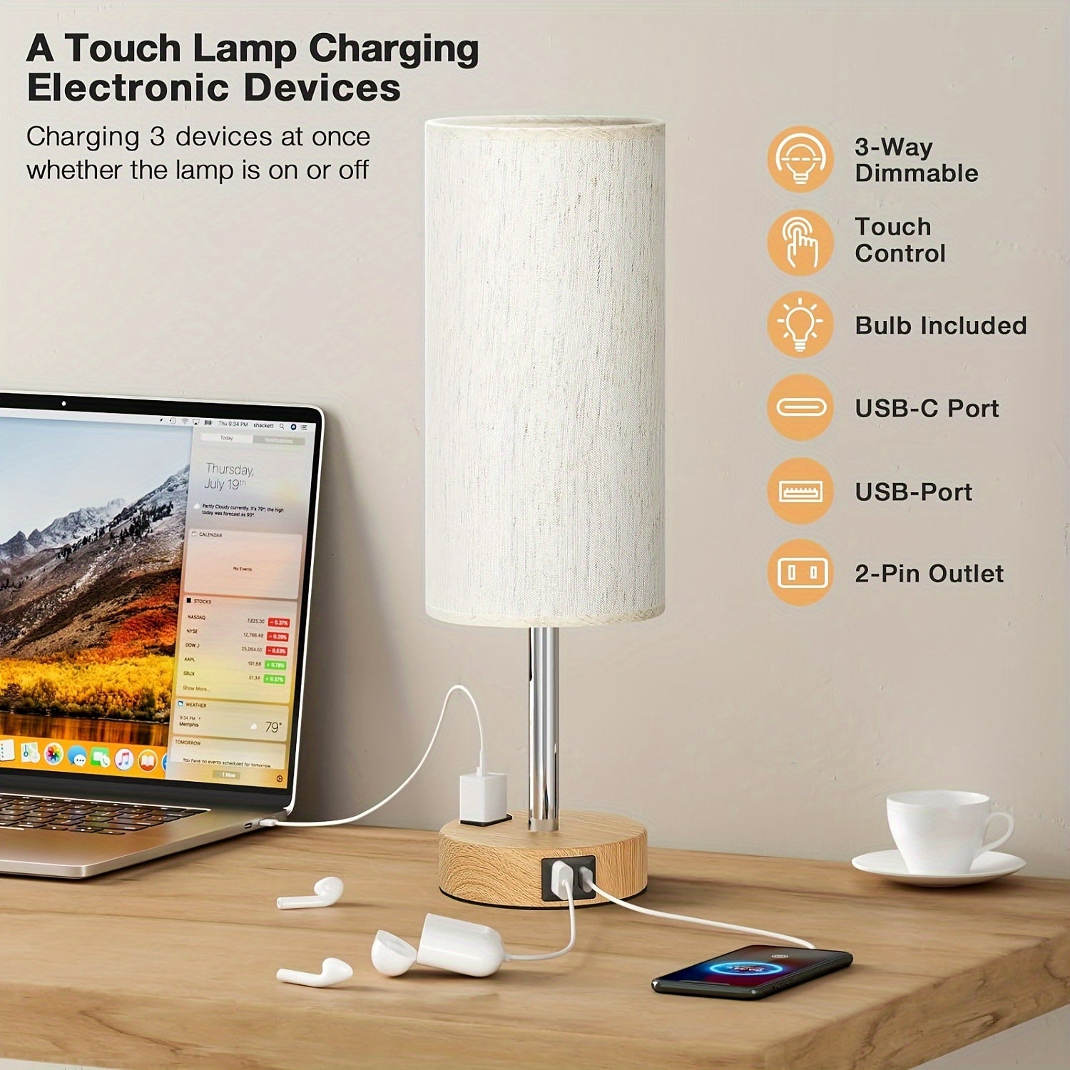 Bedside Table Lamp for Bedroom Nightstand - 3 Way Dimmable Touch Small Lamp USB C Charging Ports and AC Outlet, Wood Base Round Flaxen Fabric Shade for Living Room, Office Desk, LED Bulb Included