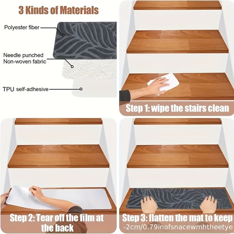 15 Pack Non-Slip Stair Treads 8"x30" Self-Adhesive, Washable Polyester Mats for Safe & Quiet Stairs - Ideal for Wood, Tile, Marble, Kids, and Pets