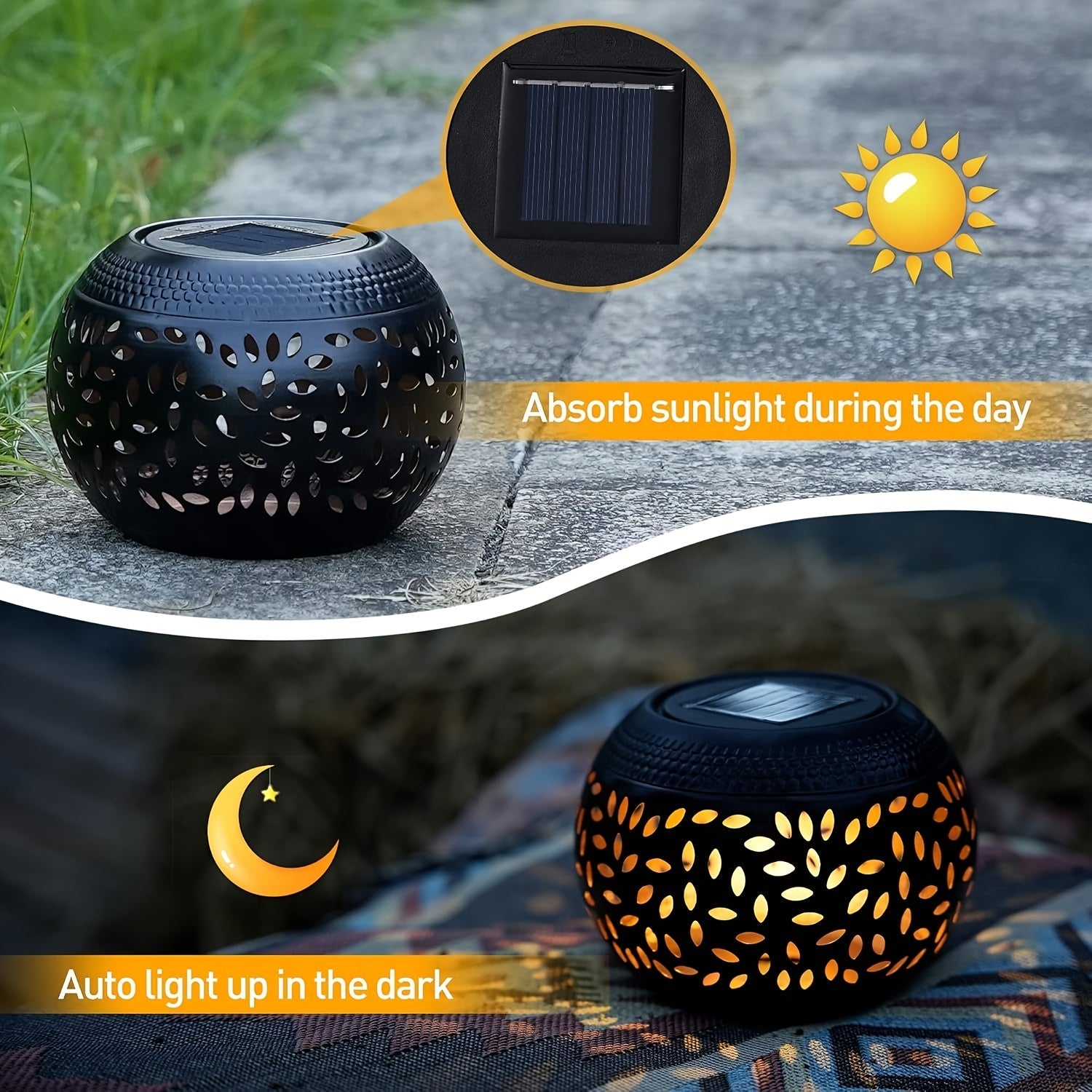 Solar Table Lantern with Flickering Flame - Waterproof LED Light, Auto On/Off, Decorative Metal Lamp for Outdoor, Patio, Garden, Desk, Yard FJORD