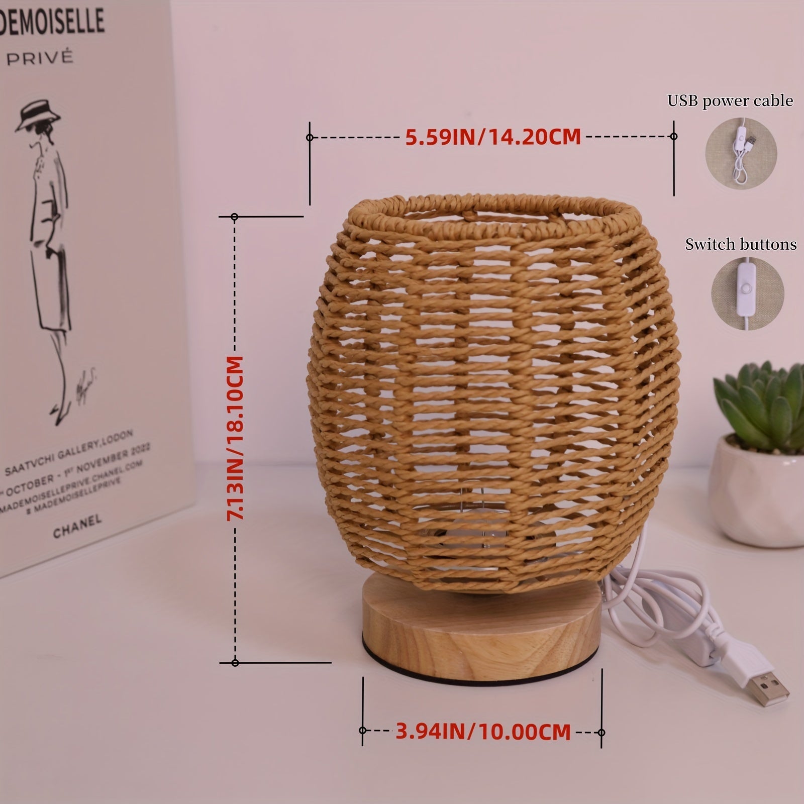 Traditional Woven Rattan-Style Table Lamp | USB Powered Wooden Base with Hollow-Out Linen Shade | Energy-Efficient Uplight for Bedroom, Living Room, Study & Dining Room FJORD