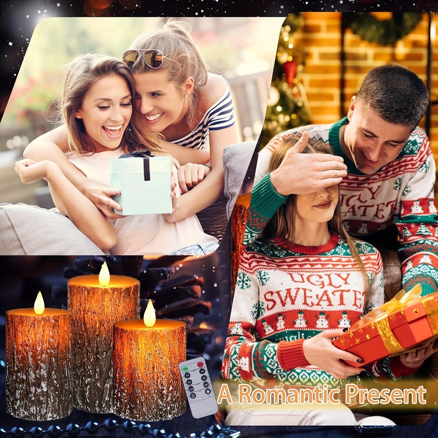 Rustic Pine Bark Flameless Candle Set - Flickering LED Candles with Timer & Remote, Realistic Tree Stump Design for Home & Outdoor Decor, Battery Operated, Set of 3 FJORD