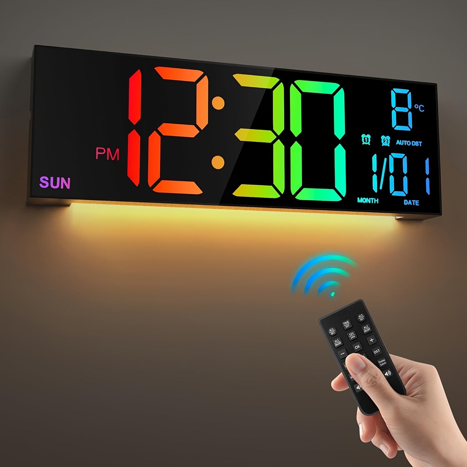 16.2” Large Digital Wall Clock with Remote Control, RGB Colors, Auto Brightness, Temperature, Date, Dual Alarm, Night Light – Ideal for Home, Office, Living Room, Bedroom