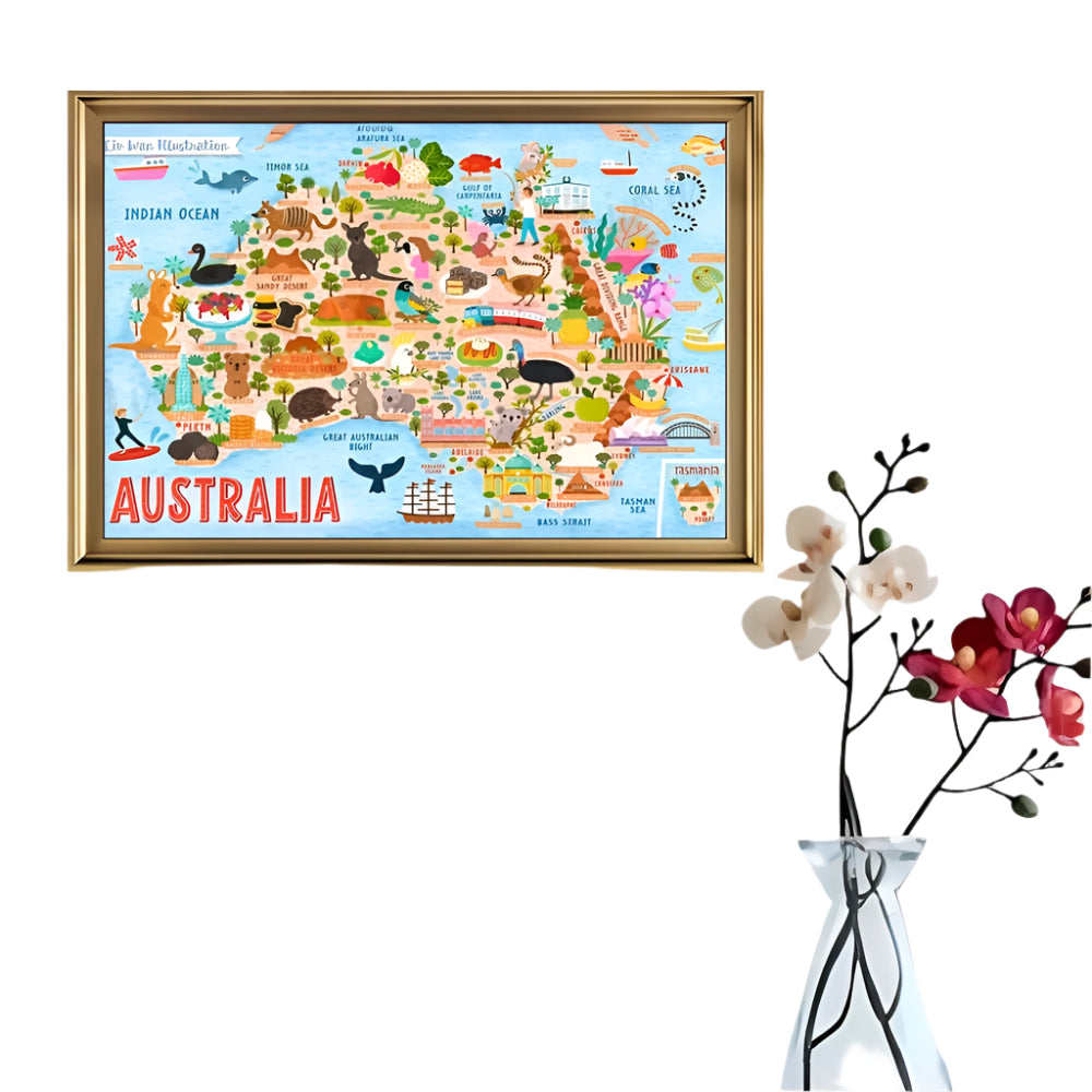 Australia Icon Map Canvas Print | Folk Art Style Wall Decor | Frameless Cloth Poster for Home, Office, Living Room, Bedroom | Unique Gift