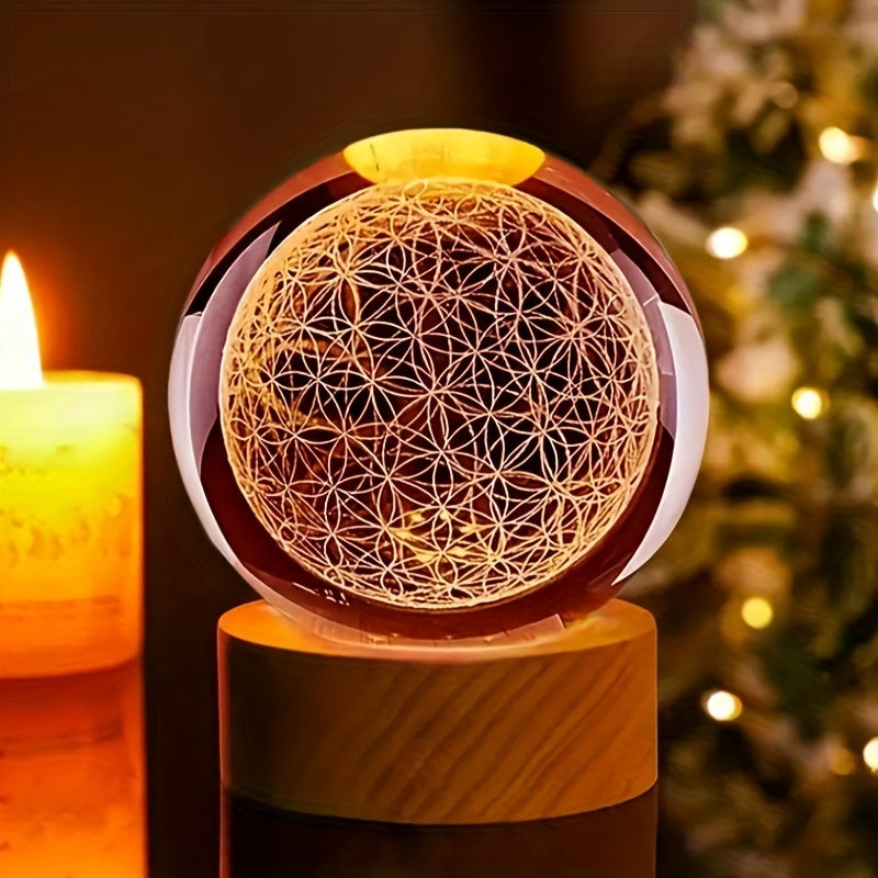 USB-Powered 3D Flower of Life Crystal Ball with LED Light – Sacred Geometry Glass Sphere, Home & Office Decor, Perfect Gift for Family & Friends, Ideal for Christmas, Valentine’s Day, Thanksgiving FJORD