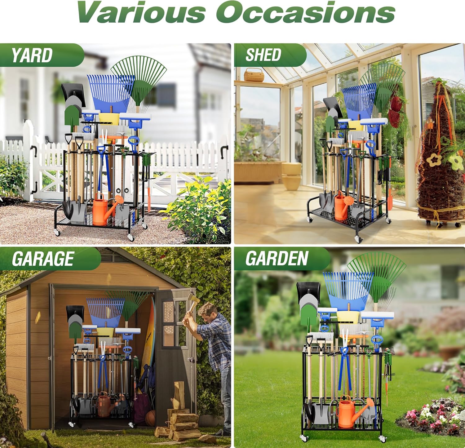 Heavy Duty Mop and Broom Holder, Wall Mount Tool Rack with 4 Racks & 5 Hooks, Stainless Steel Storage Organizer for Home, Kitchen, Garage, Laundry, Garden FJORD